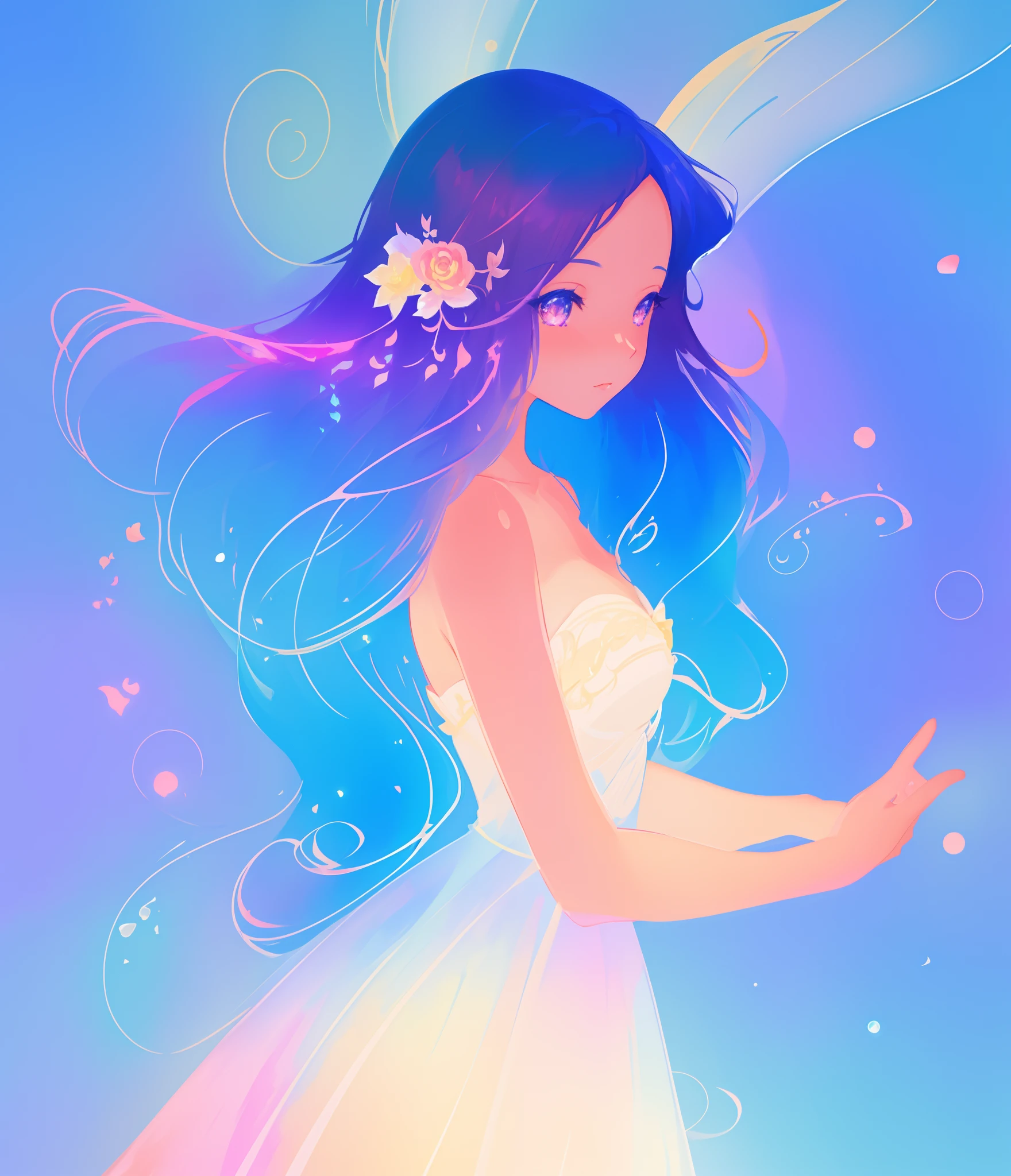 beautiful anime girl in colorful multi-layered ballgown, vibrant pastel colors, (colorful), magical lights, sparkling liquid light, colorful wavy hair, inspired by Glen Keane, inspired by Lois van Baarle, disney art style, by Lois van Baarle, glowing aura around her, by Glen Keane, jen bartel, glowing lights! digital painting, flowing glowing hair, glowing flowing hair, beautiful digital illustration, fantasia background, whimsical, magical, fantasy, beautiful face, ((masterpiece, best quality)), intricate details, highly detailed, sharp focus, 8k resolution, sparkling detailed eyes, liquid watercolor