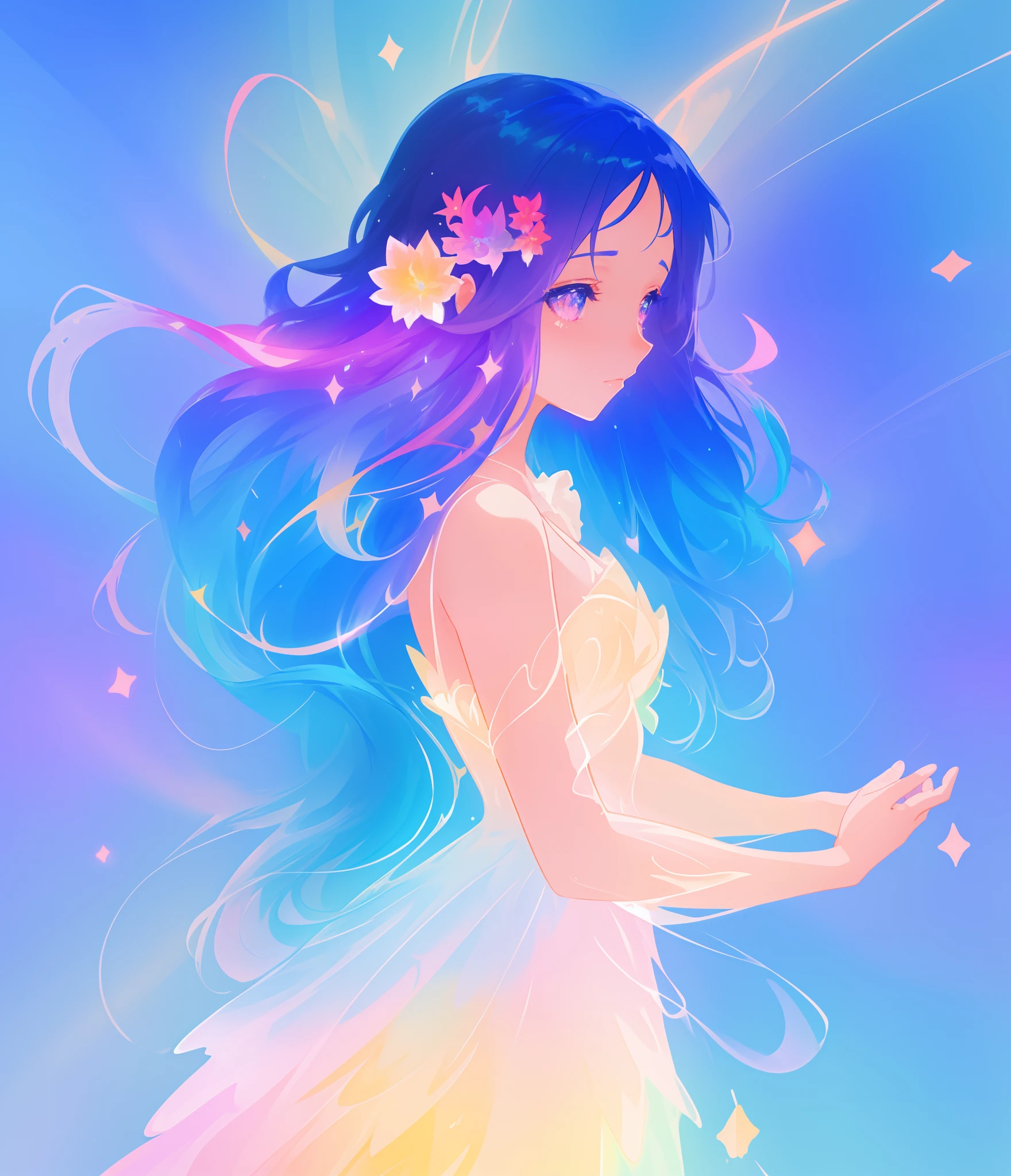 beautiful anime girl in colorful multi-layered ballgown, vibrant pastel colors, (colorful), magical lights, sparkling liquid light, colorful wavy hair, inspired by Glen Keane, inspired by Lois van Baarle, disney art style, by Lois van Baarle, glowing aura around her, by Glen Keane, jen bartel, glowing lights! digital painting, flowing glowing hair, glowing flowing hair, beautiful digital illustration, fantasia background, whimsical, magical, fantasy, beautiful face, ((masterpiece, best quality)), intricate details, highly detailed, sharp focus, 8k resolution, sparkling detailed eyes, liquid watercolor