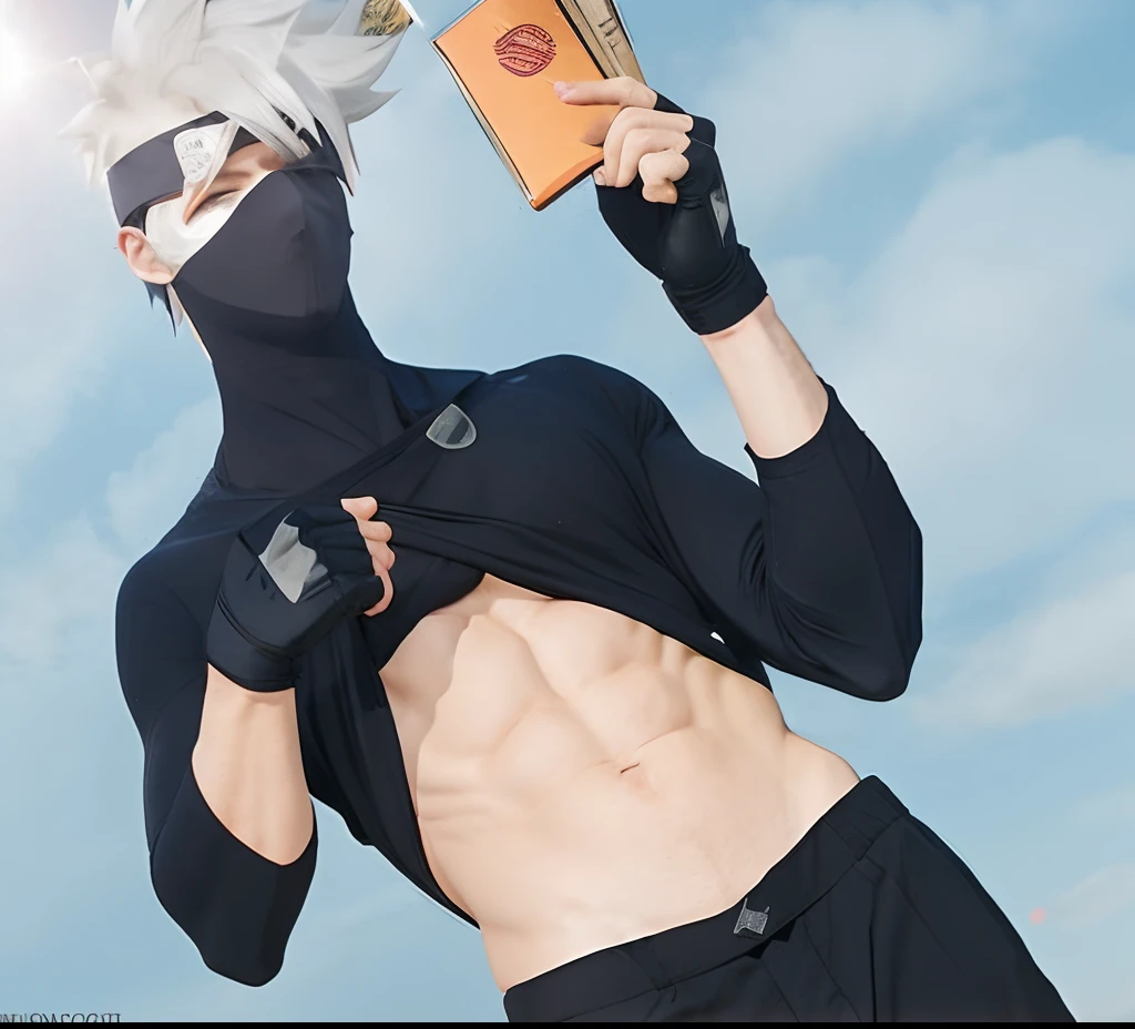 A cartoon of a man with a mask holding a book, Kakashi hatake, Kakashi, de naruto, pose, dor de naruto, Coringa como Naruto, Shinobi, como um personagem de anime, por :5 sexy: 7, Ninja, Kabuto, ele tem cabelos grisalhos escuros, Homem de Anime, [ ABS rigidamente definido ]!!, empunhando kunai