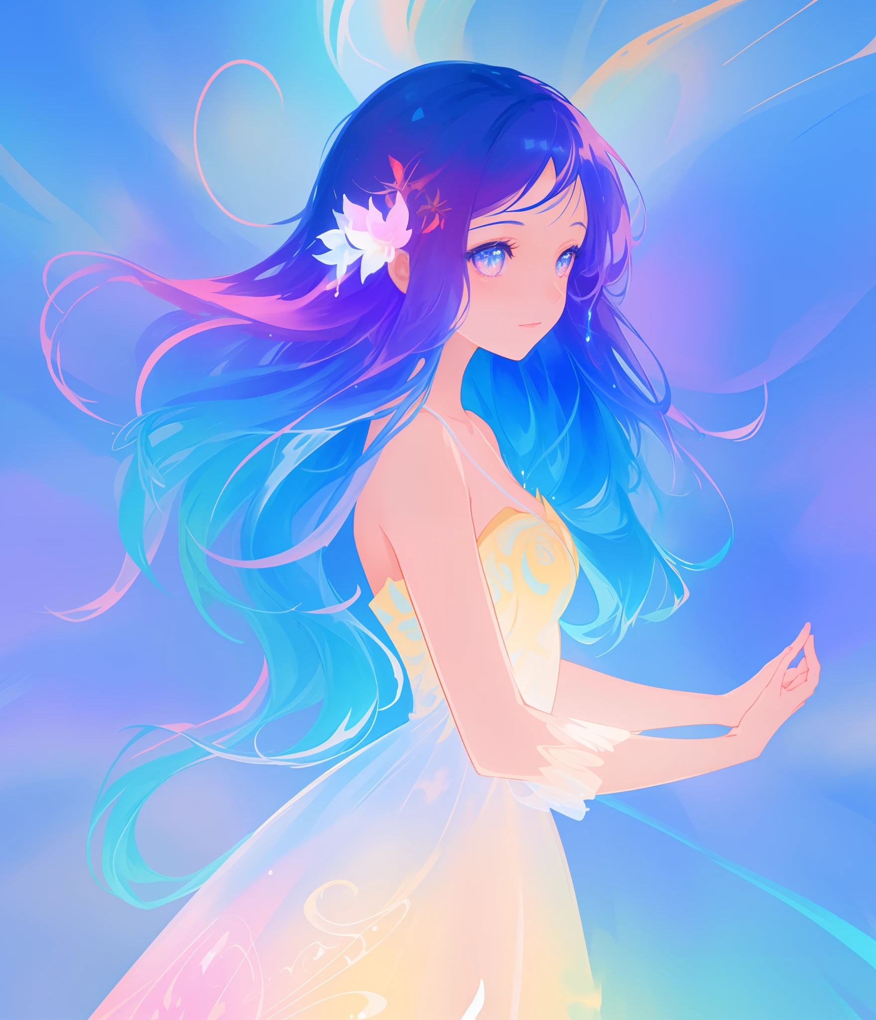 beautiful anime girl in colorful multi-layered ballgown, vibrant pastel colors, (colorful), magical lights, sparkling liquid light, colorful wavy hair, inspired by Glen Keane, inspired by Lois van Baarle, disney art style, by Lois van Baarle, glowing aura around her, by Glen Keane, jen bartel, glowing lights! digital painting, flowing glowing hair, glowing flowing hair, beautiful digital illustration, fantasia background, whimsical, magical, fantasy, beautiful face, ((masterpiece, best quality)), intricate details, highly detailed, sharp focus, 8k resolution, sparkling detailed eyes, liquid watercolor