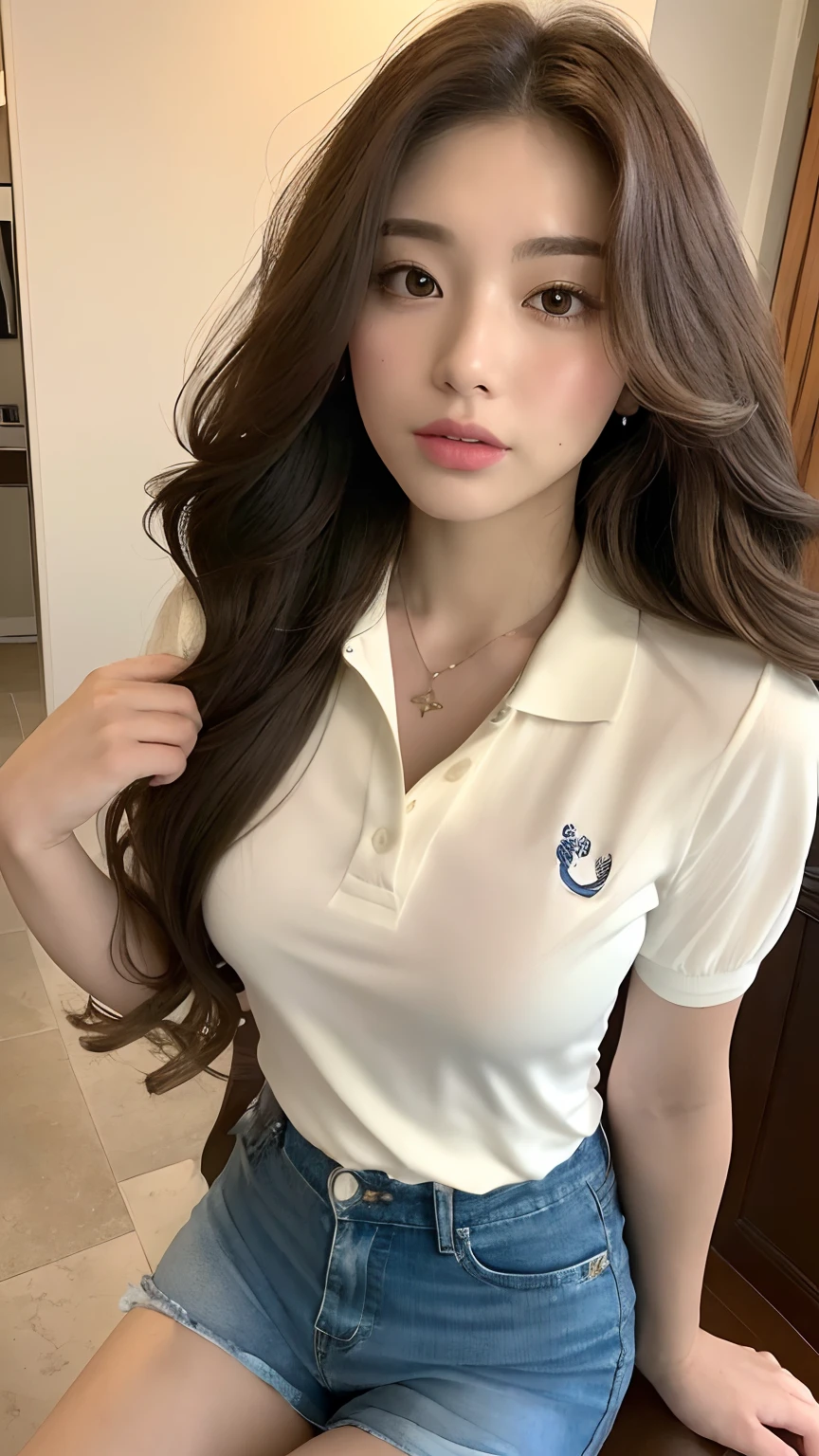 ((best qualtiy, 8K, tmasterpiece:1.3)), Focus:1.2, perfect figure beautiful woman:1.4, Cocked buttocks:1.2, ((Random Long Thick Hairstyle) ((Brown Wavy Hair In Big Curls))(Long white legs:1.3,(Polo shirt With Shorts:1.2) , (inside in room: 1.2), Highly detailed facial and skin texture, A detailed eye, 二重まぶた,Whiten skin,(Straight big breasts:1.3), looking at camera, Wear a necklace,