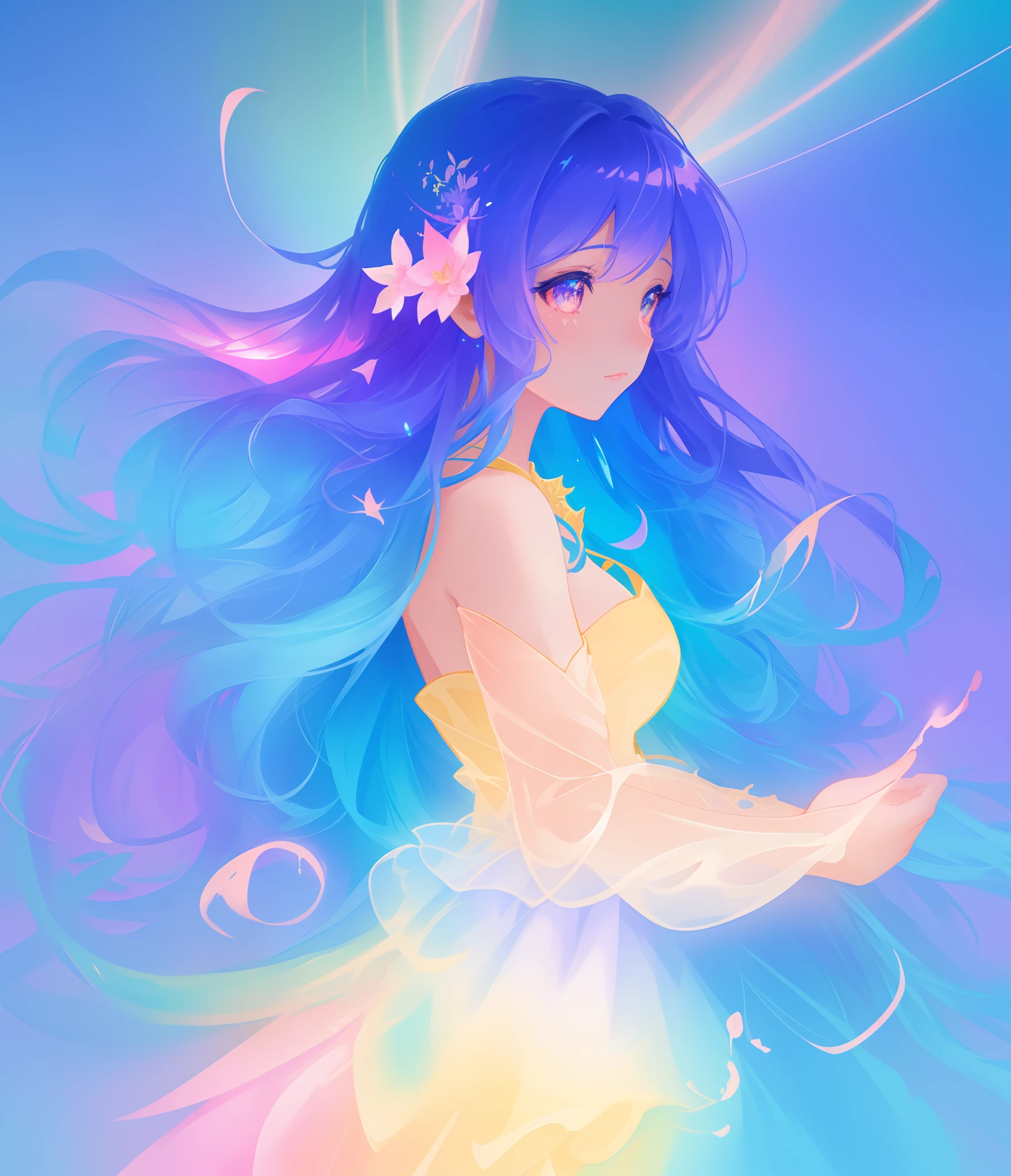 beautiful anime girl in colorful multi-layered ballgown, vibrant pastel colors, (colorful), magical lights, sparkling liquid light, colorful wavy hair, inspired by Glen Keane, inspired by Lois van Baarle, disney art style, by Lois van Baarle, glowing aura around her, by Glen Keane, jen bartel, glowing lights! digital painting, flowing glowing hair, glowing flowing hair, beautiful digital illustration, fantasia background, whimsical, magical, fantasy, beautiful face, ((masterpiece, best quality)), intricate details, highly detailed, sharp focus, 8k resolution, sparkling detailed eyes, liquid watercolor