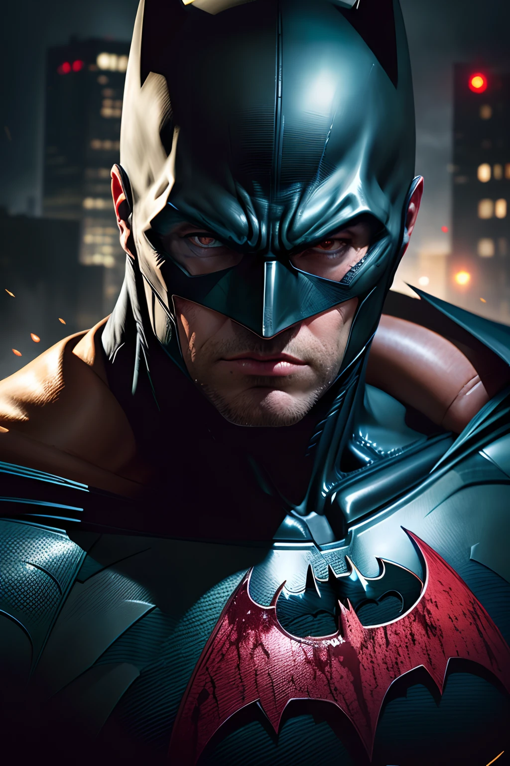 A close up on batman, blood on his face, serious look, hyper realistic, ultra HD, cinematic