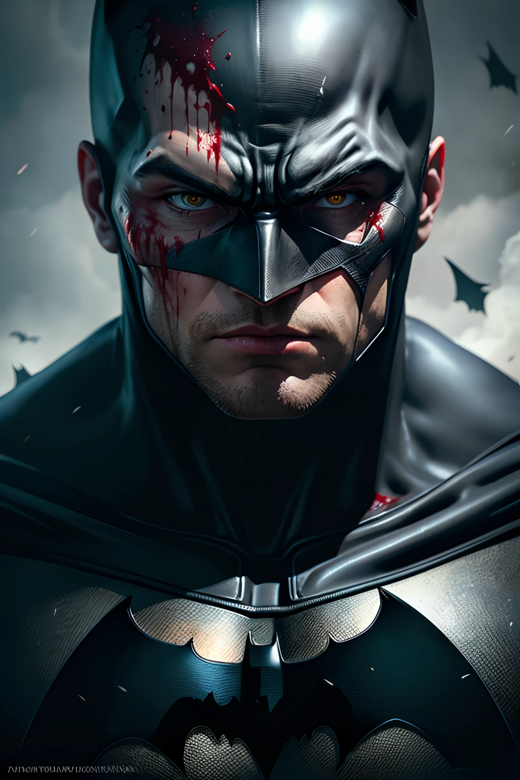 A close up on batman, blood on his face, serious look, hyper realistic, ultra HD, cinematic