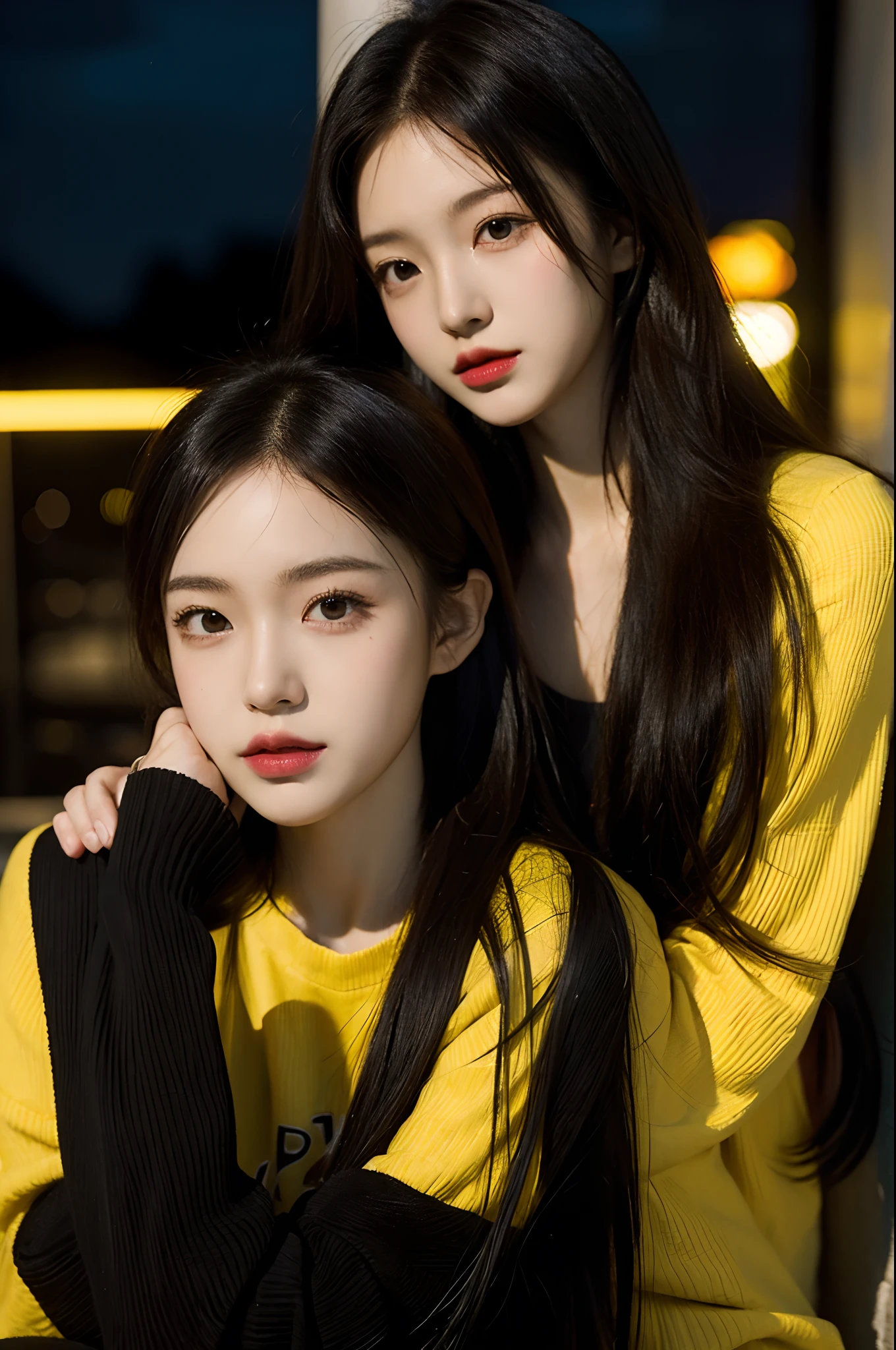 (Masterpiece:1.4) (Masterpiece, Best quality, A high resolution, Ultra detailed ), absurderes, Ultra-detailed, 1girll, Persona 4, Black and yellow, with role entities, Night, Depth of field
