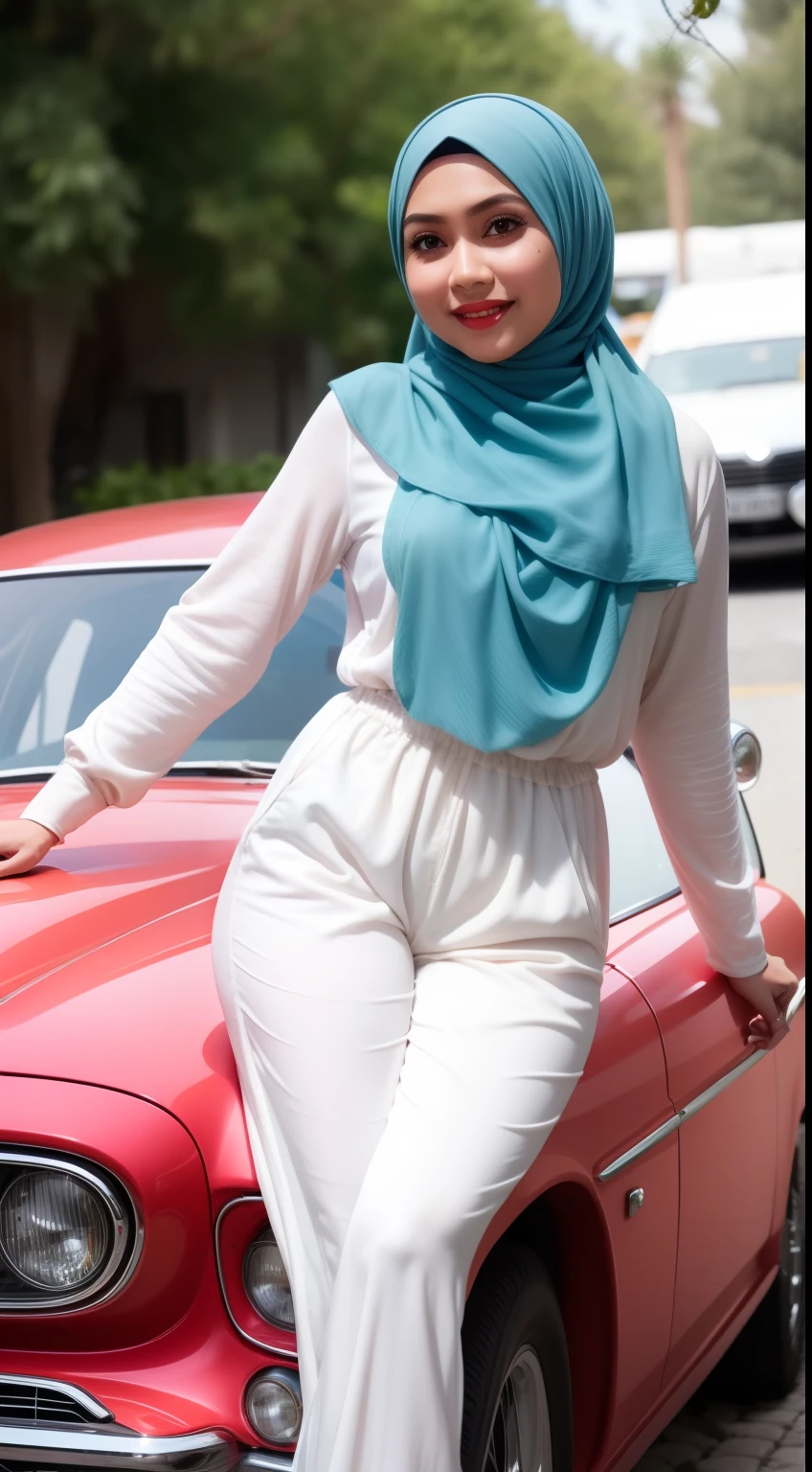 Malay girl in hijab wear pastel color jumpsuit, seat infront of vintage car, old car, front view, detail skin, detail skin texture, mole below eyes, small breast, big hip, big waist, big thigh, slim abs, beautiful body, evening, laughing, happy, bright lighting, blur background, bokeh,