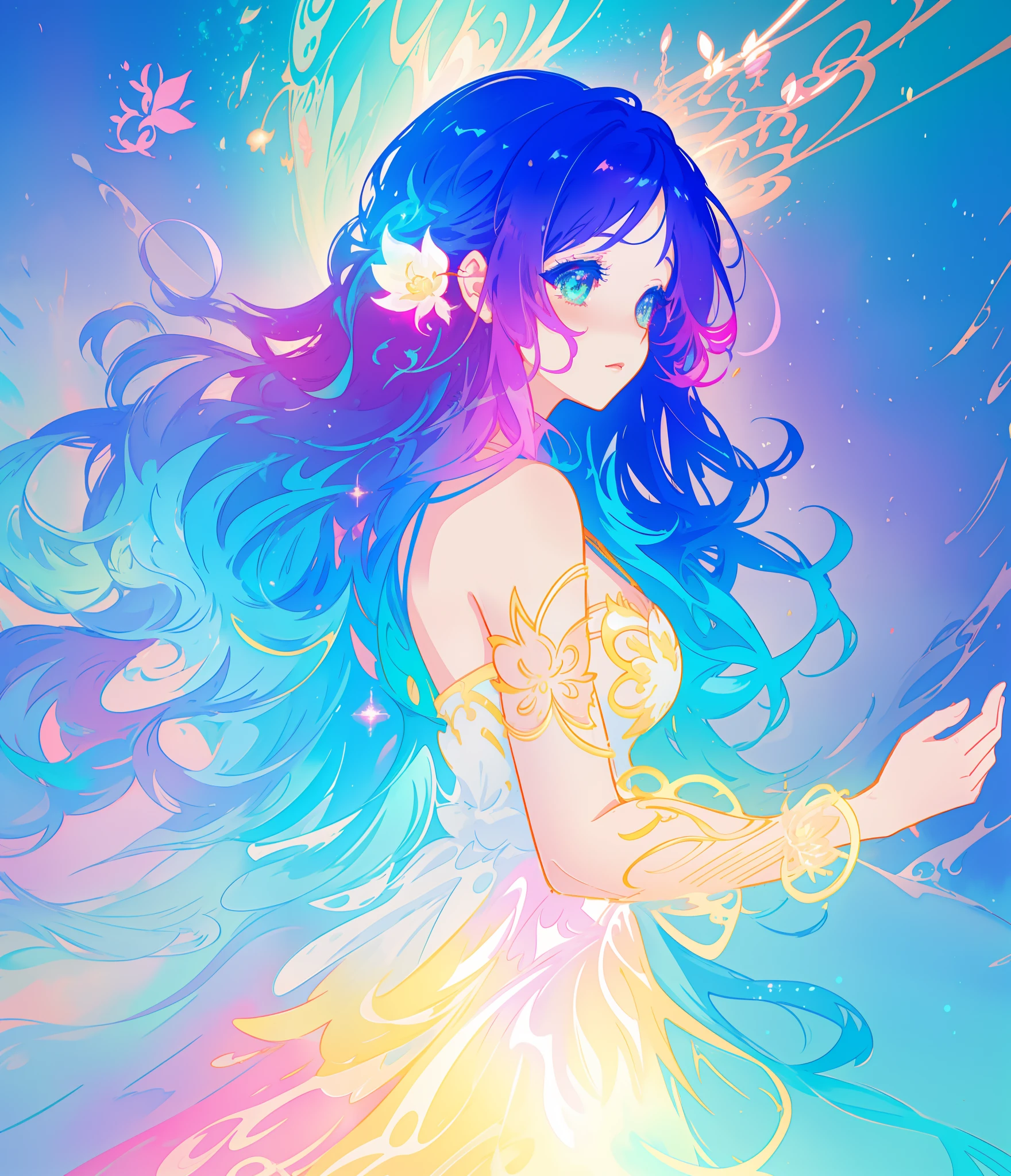 beautiful anime girl in colorful multi-layered ballgown, vibrant pastel colors, (colorful), magical lights, sparkling liquid light, colorful wavy hair, inspired by Glen Keane, inspired by Lois van Baarle, disney art style, by Lois van Baarle, glowing aura around her, by Glen Keane, jen bartel, glowing lights! digital painting, flowing glowing hair, glowing flowing hair, beautiful digital illustration, fantasia background, whimsical, magical, fantasy, beautiful face, ((masterpiece, best quality)), intricate details, highly detailed, sharp focus, 8k resolution, sparkling detailed eyes, liquid watercolor
