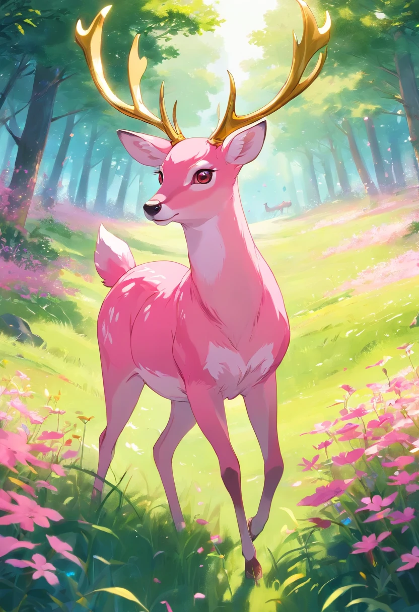 a detailed anime drawing of a ((pink)) deer that gives off a aura of grace with large heart-shaped antlers and ((golden eyes)) dashing through a meadow by itself