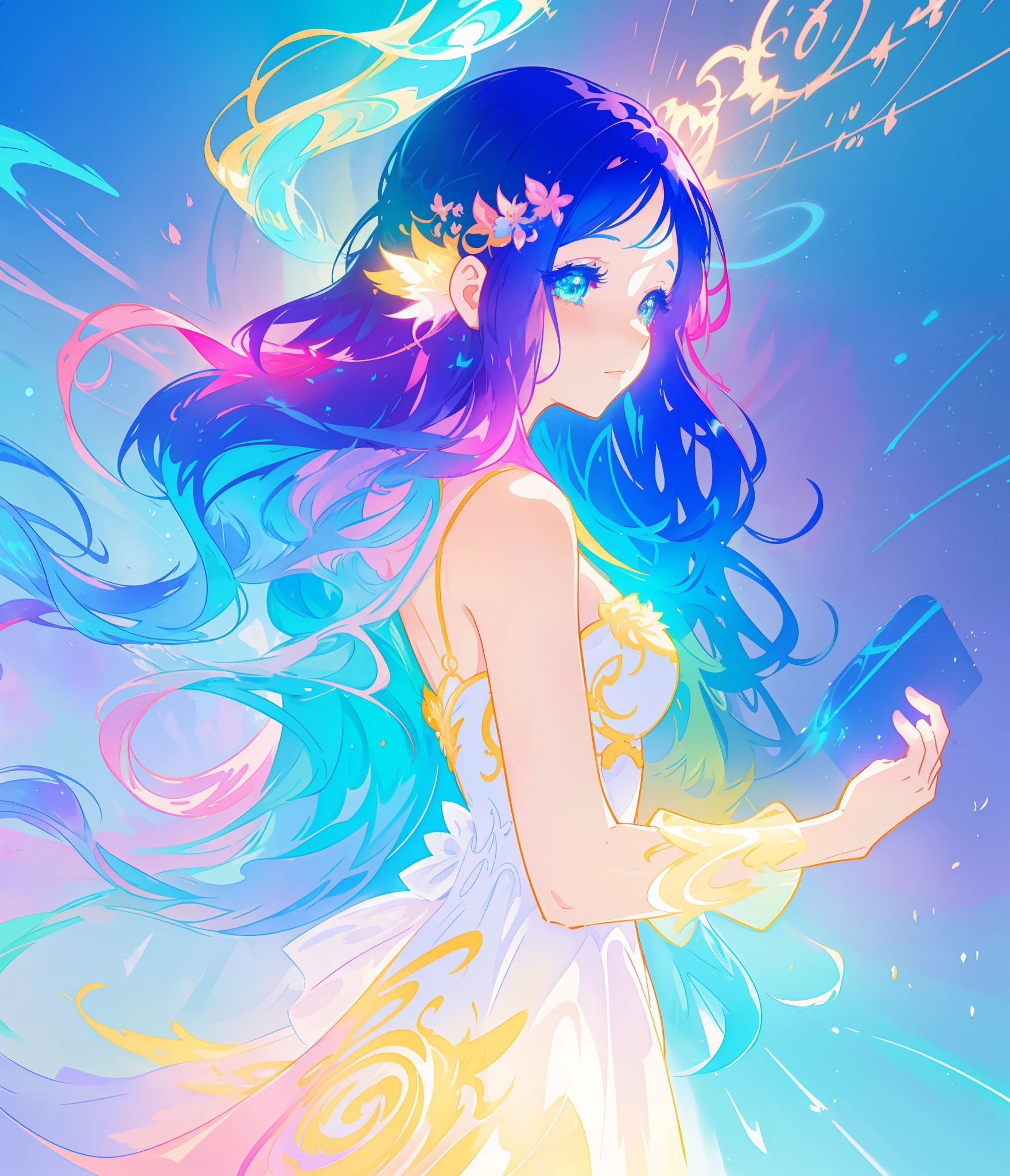 beautiful anime girl in colorful multi-layered ballgown, vibrant pastel colors, (colorful), magical lights, sparkling liquid light, colorful wavy hair, inspired by Glen Keane, inspired by Lois van Baarle, disney art style, by Lois van Baarle, glowing aura around her, by Glen Keane, jen bartel, glowing lights! digital painting, flowing glowing hair, glowing flowing hair, beautiful digital illustration, fantasia background, whimsical, magical, fantasy, beautiful face, ((masterpiece, best quality)), intricate details, highly detailed, sharp focus, 8k resolution, sparkling detailed eyes, liquid watercolor
