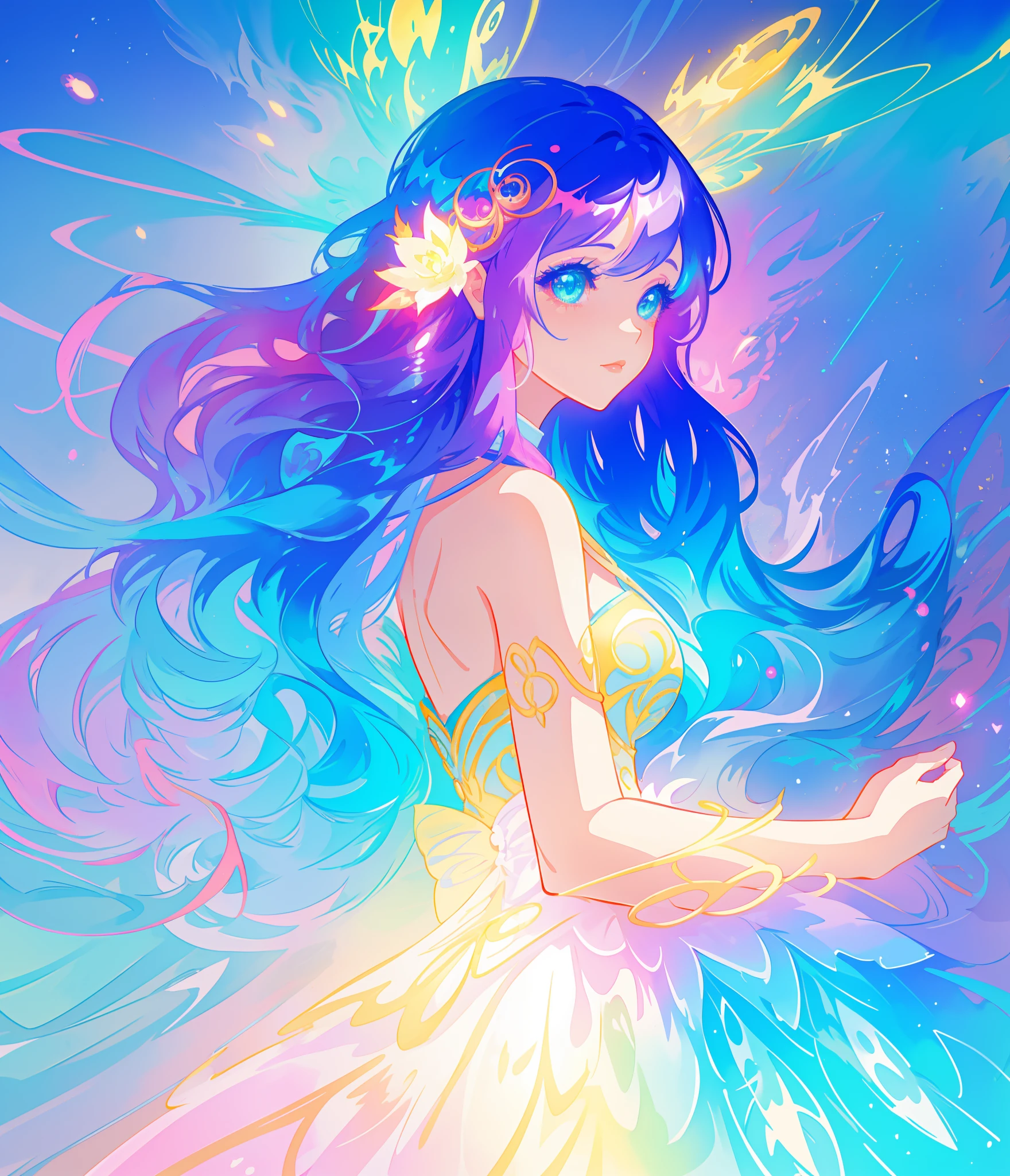 beautiful anime girl in colorful multi-layered ballgown, vibrant pastel colors, (colorful), magical lights, sparkling liquid light, colorful wavy hair, inspired by Glen Keane, inspired by Lois van Baarle, disney art style, by Lois van Baarle, glowing aura around her, by Glen Keane, jen bartel, glowing lights! digital painting, flowing glowing hair, glowing flowing hair, beautiful digital illustration, fantasia background, whimsical, magical, fantasy, beautiful face, ((masterpiece, best quality)), intricate details, highly detailed, sharp focus, 8k resolution, sparkling detailed eyes, liquid watercolor