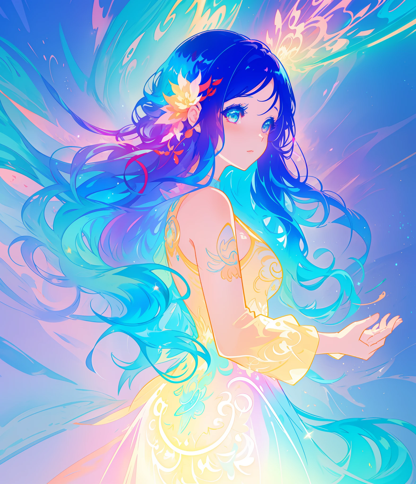 beautiful anime girl in colorful multi-layered ballgown, vibrant pastel colors, (colorful), magical lights, sparkling liquid light, colorful wavy hair, inspired by Glen Keane, inspired by Lois van Baarle, disney art style, by Lois van Baarle, glowing aura around her, by Glen Keane, jen bartel, glowing lights! digital painting, flowing glowing hair, glowing flowing hair, beautiful digital illustration, fantasia background, whimsical, magical, fantasy, beautiful face, ((masterpiece, best quality)), intricate details, highly detailed, sharp focus, 8k resolution, sparkling detailed eyes, liquid watercolor