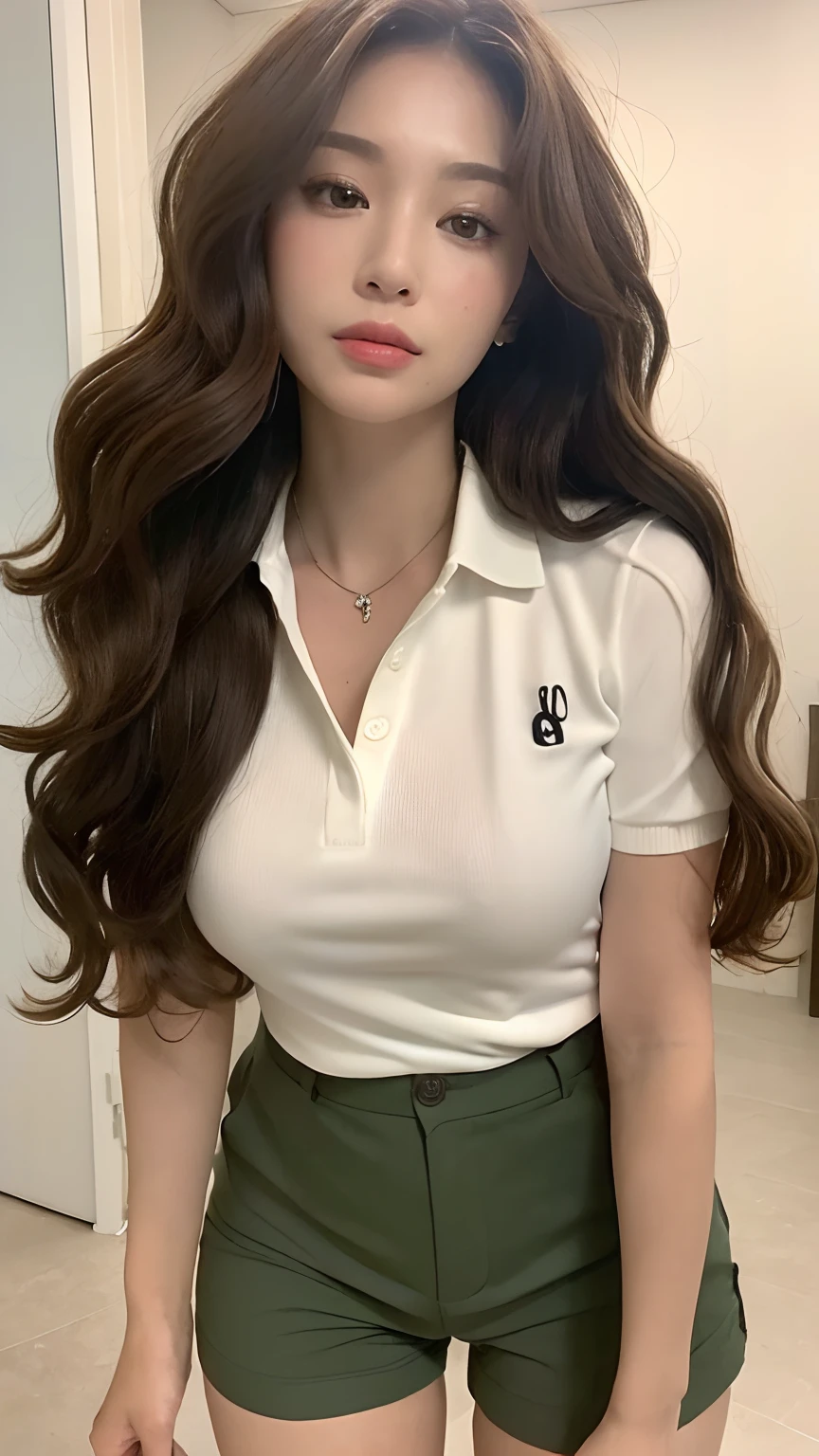 ((best qualtiy, 8K, tmasterpiece:1.3)), Focus:1.2, perfect figure beautiful woman:1.4, Cocked buttocks:1.2, ((Random Long Thick Hairstyle) ((Brown Wavy Hair In Big Curls))(Long white legs:1.3,(Polo shirt With Shorts:1.2) , (inside in room: 1.2), Highly detailed facial and skin texture, A detailed eye, 二重まぶた,Whiten skin,(Straight big breasts:1.3), looking at camera, Wear a necklace,