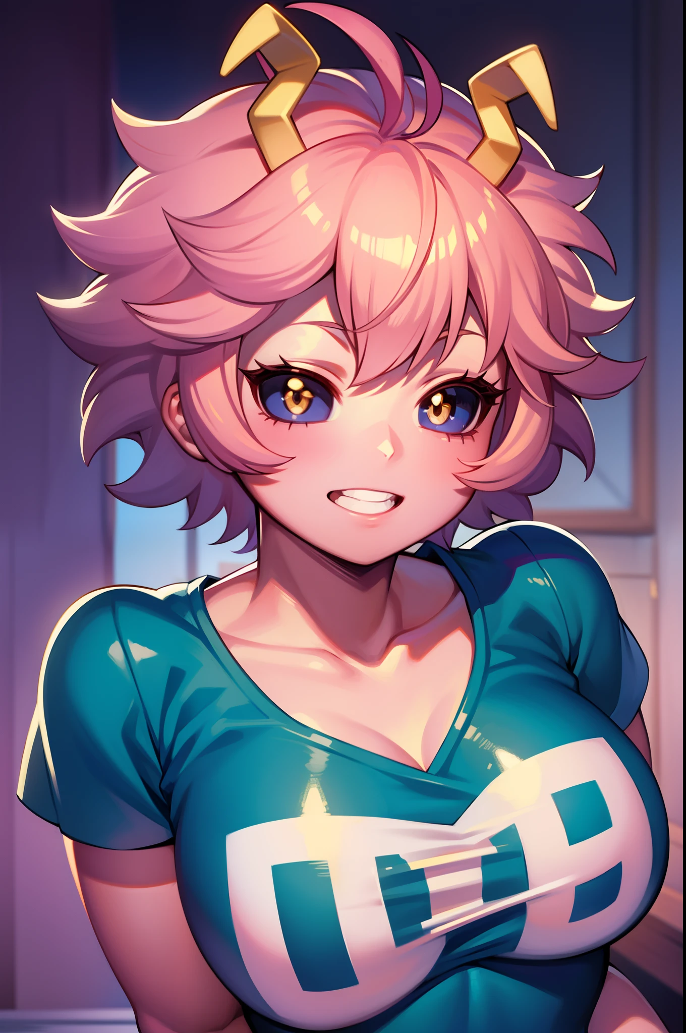 mina ashido, 1girl, solo, breasts, short hair, medium breasts, shirt, white background, collarbone, yellow eyes, upper body, pink hair, short sleeves, horns, teeth, colored skin, blue shirtteeth, happy, colored sclera, emphasis lines, black sclera, pink skin