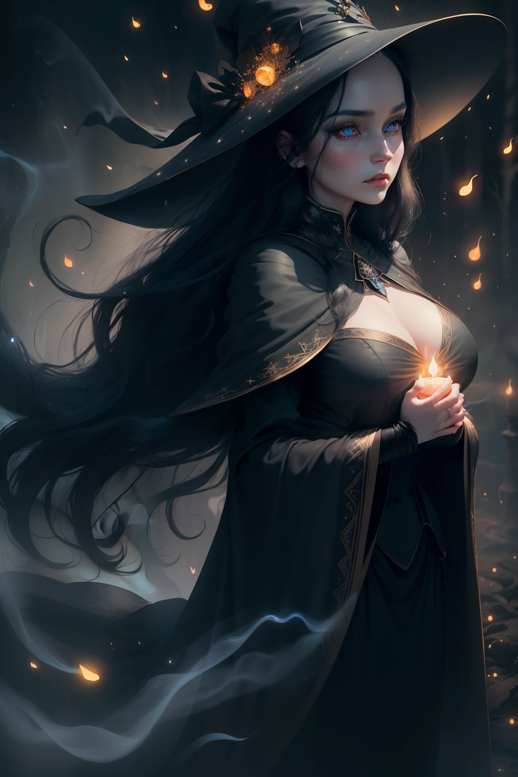 Sensual beautiful woman with round cheeks, realistic facial expression, long black hair, light blue eyes, pale skin, wearing black robe with rich decoration, witch, confident expression, big breasts (magic mysterious background, fireflies, glowing particles, ethereal fog, faint darkness), high saturation, film light, rim light, best shadows
