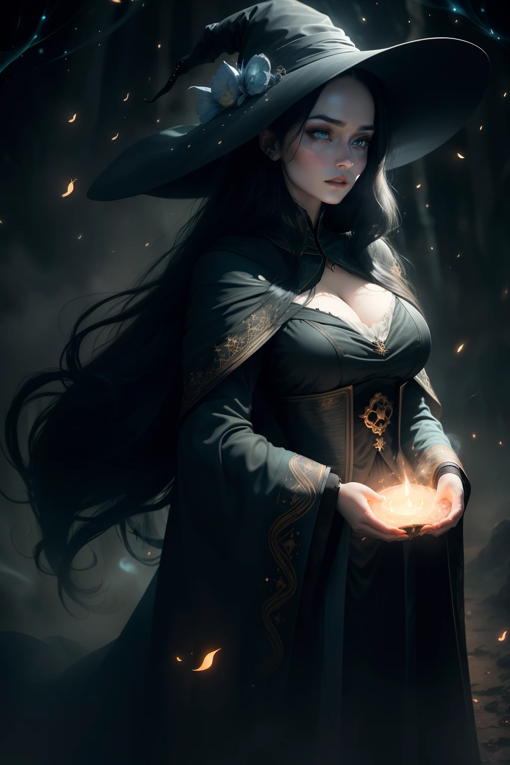 The Fox Witch，Fox personification，Cute fox face，witch hat，flowing robe，Dark and mysterious forest，fog，portrait style，Soft and ethereal，charming gaze，sparkling crystal，Otherworldly creatures，Cast a spell in the moonlight，glowing eyes，Good at elemental magic，mysterious and seductive，Fierce yet elegant，shrouded in mystery。