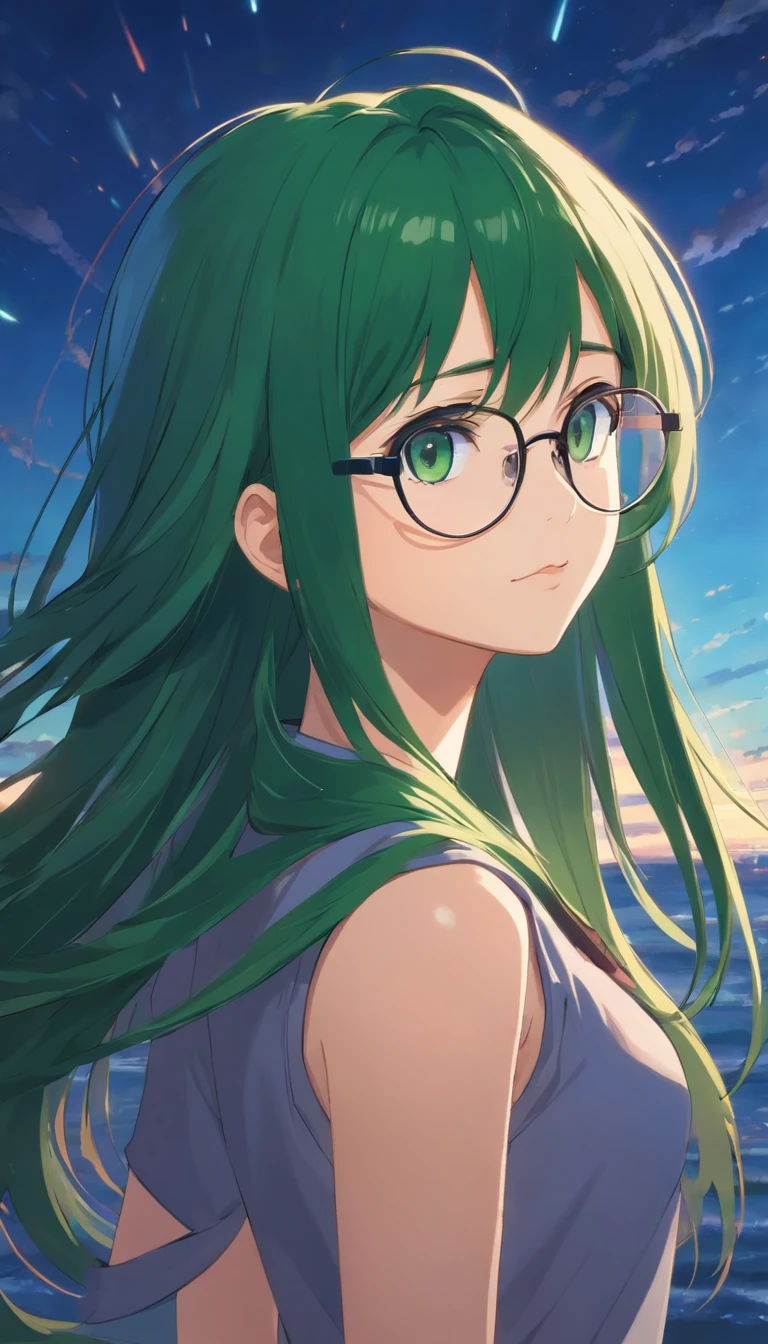 long hair, dark green hair, glasses, green eyes, shy personality, brave