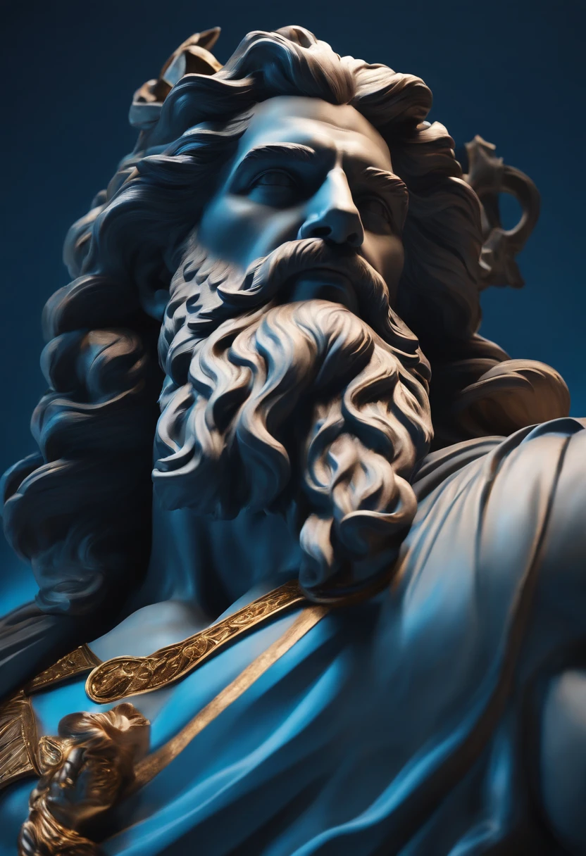 Crie uma imagem 8K inspiradora representando um Zeus grego ,Forte, olhando para o lado, immortalized as a bust statue, Single bust statue, com detalhes minuciosos, com fundo azul