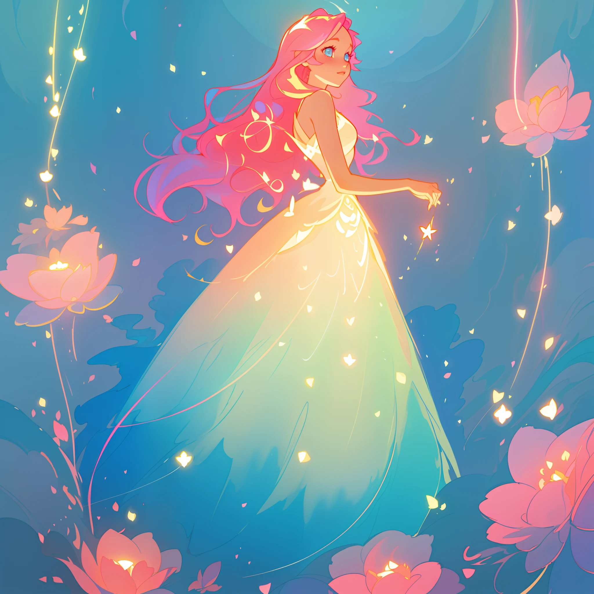 beautiful girl in flowing gradient layered ballgown, flowing pink hair, whimsical fantasia and flowers background, vibrant pastel colors, (colorful), magical lights, magical flowers, flowers, glowing lights, red pink long wavy hair, sparkling lines of light, inspired by Glen Keane, inspired by Lois van Baarle, disney art style, by Lois van Baarle, glowing aura around her, by Glen Keane, jen bartel, glowing lights! digital painting, flowing glowing hair, glowing flowing hair, beautiful digital illustration, fantasia background, whimsical, magical, fantasy, beautiful face, ((masterpiece, best quality)), intricate details, highly detailed, sharp focus, 8k resolution, sparkling detailed eyes, liquid watercolor