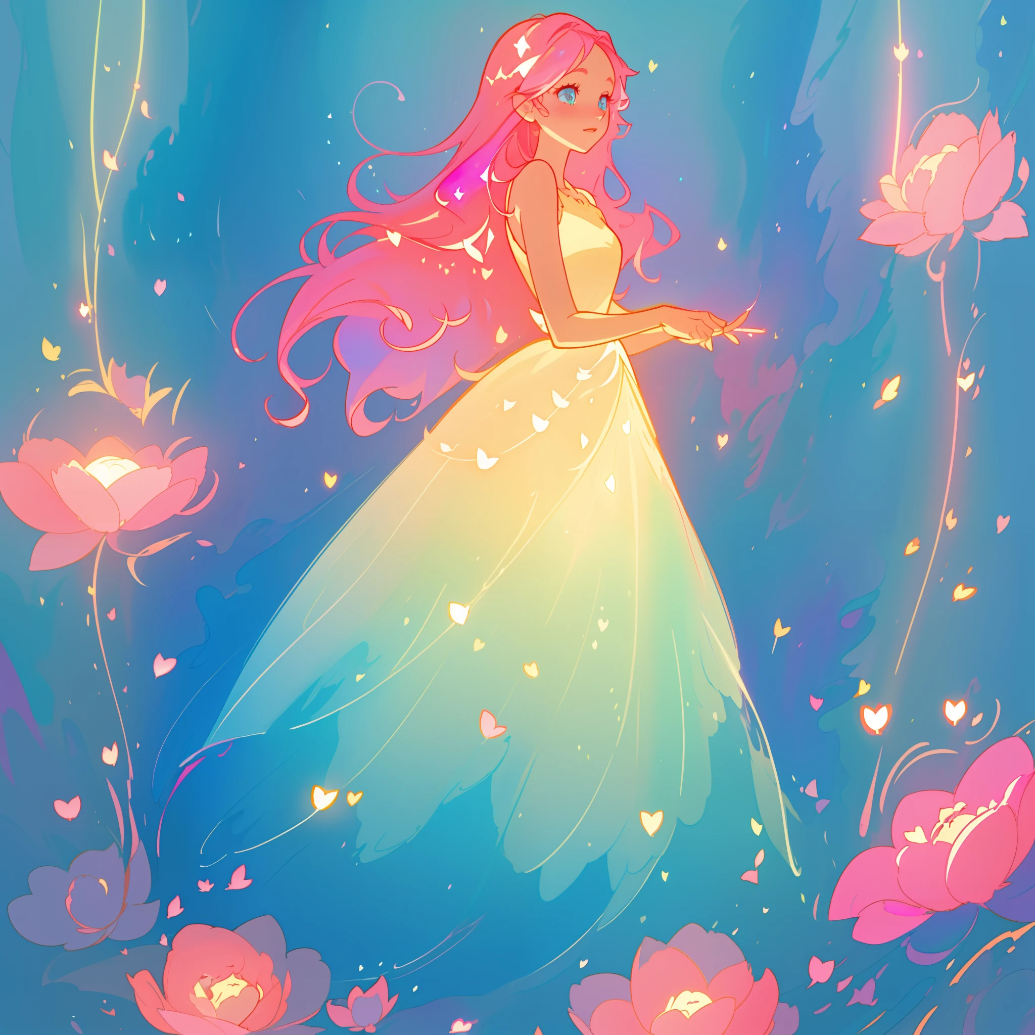 beautiful girl in flowing gradient layered ballgown, flowing pink hair, whimsical fantasia and flowers background, vibrant pastel colors, (colorful), magical lights, magical flowers, flowers, glowing lights, red pink long wavy hair, sparkling lines of light, inspired by Glen Keane, inspired by Lois van Baarle, disney art style, by Lois van Baarle, glowing aura around her, by Glen Keane, jen bartel, glowing lights! digital painting, flowing glowing hair, glowing flowing hair, beautiful digital illustration, fantasia background, whimsical, magical, fantasy, beautiful face, ((masterpiece, best quality)), intricate details, highly detailed, sharp focus, 8k resolution, sparkling detailed eyes, liquid watercolor