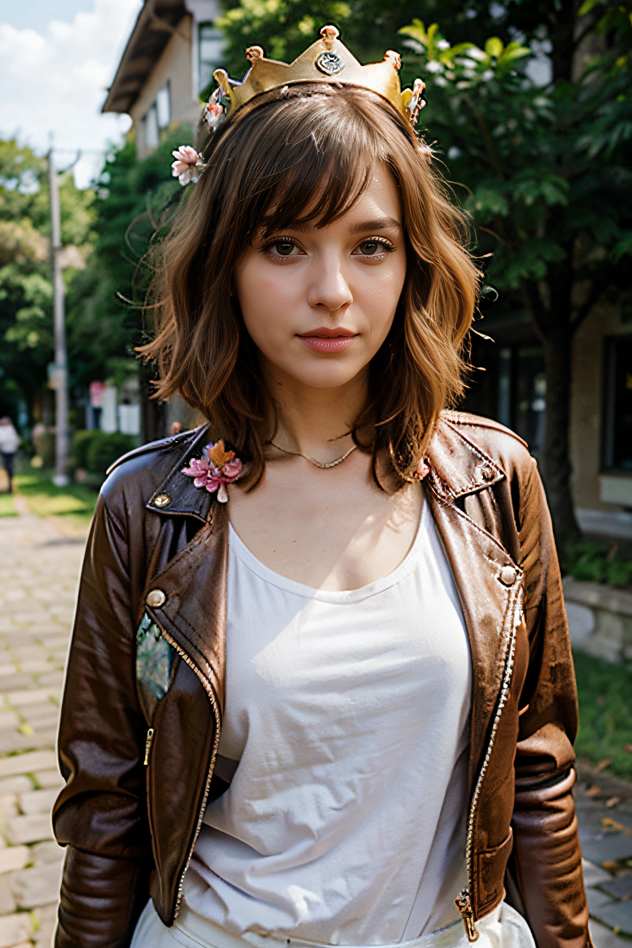 a 18 years beautiful girl, Masterpiece, Best quality, 8K ,1 girl, Solo, Pink Bob cut, gold crown, flower hair ornaments, Leather jacket
