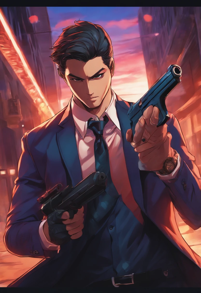 Anime man in business suit shooting a man in the head with a gun