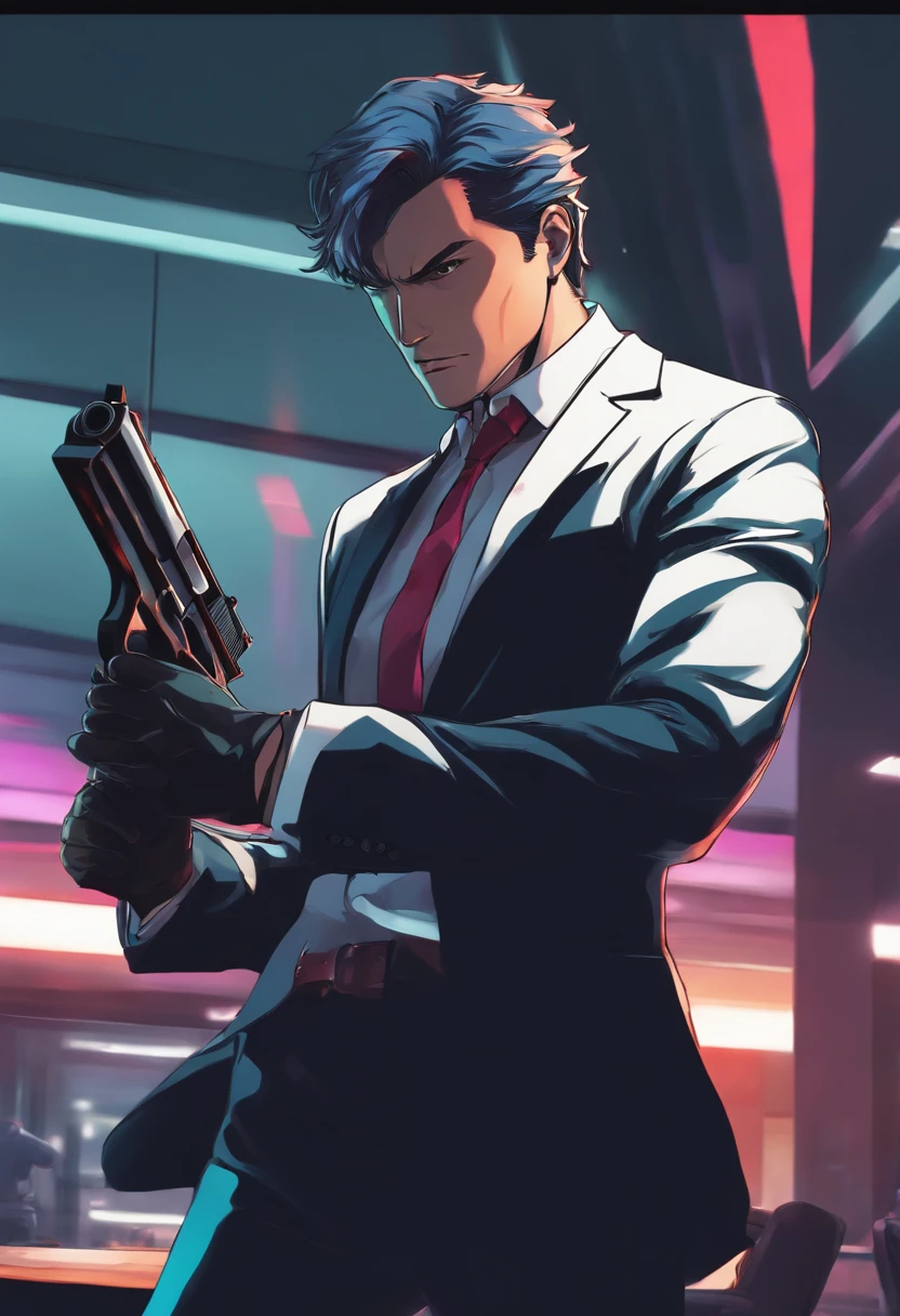 Anime man in business suit shooting a man in the head with a gun