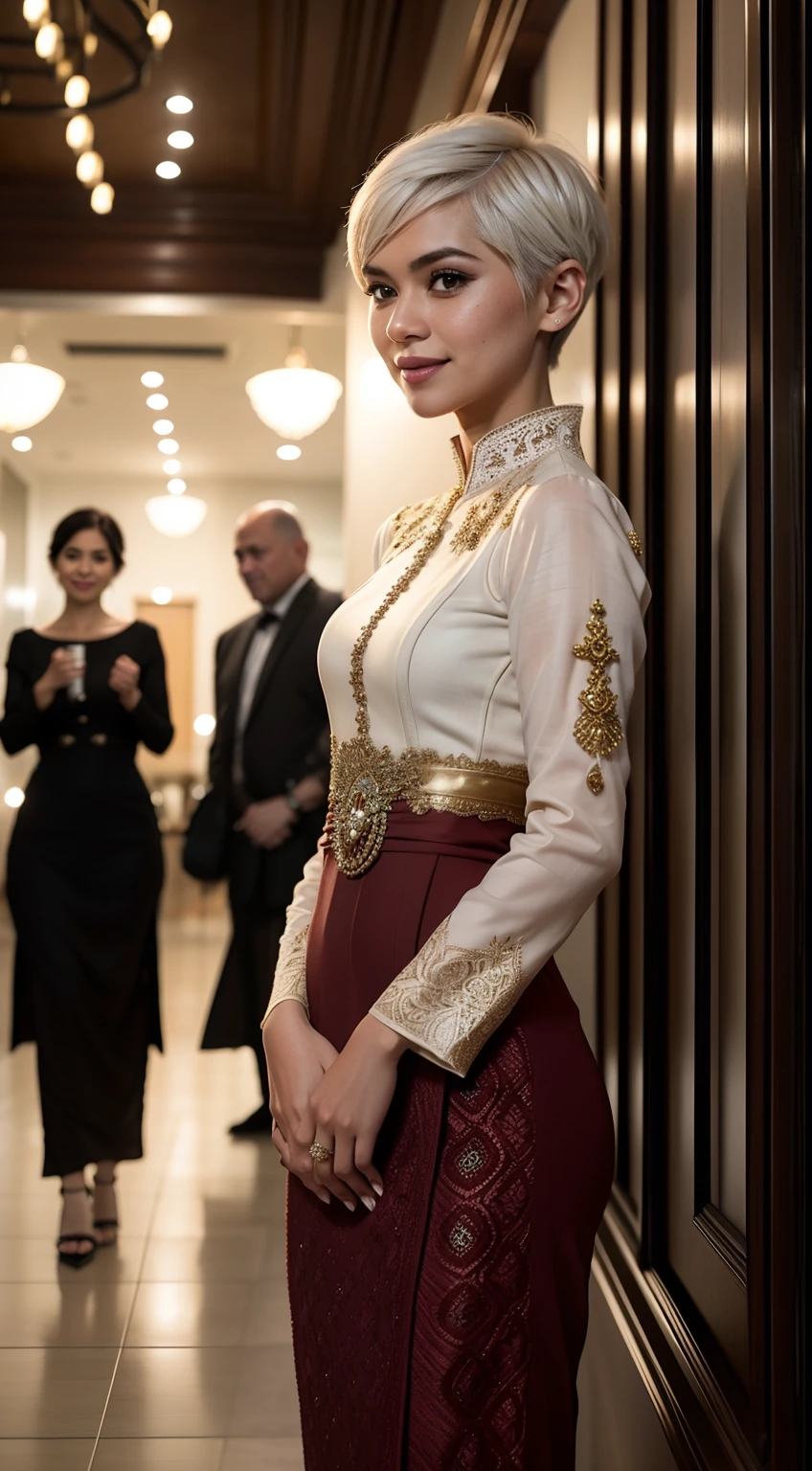 Malay girl, very short white hair, pixie cut hair, wear light plain red women's long-sleeved dress opened at the front, secured with buttons, pins, or brooches, (baju kebaya:1.3) laughing and posing with hand on hip, wear handbag, from back view, windy, detail skin, age spot, detail skin texture, mole below eyes, small breast, flat chest, wide hips, small waists, thick thighs, slim abs, beautiful body, nighttime, laughing, happy, bright lighting, crowded dinner hall, blur background, bokeh,