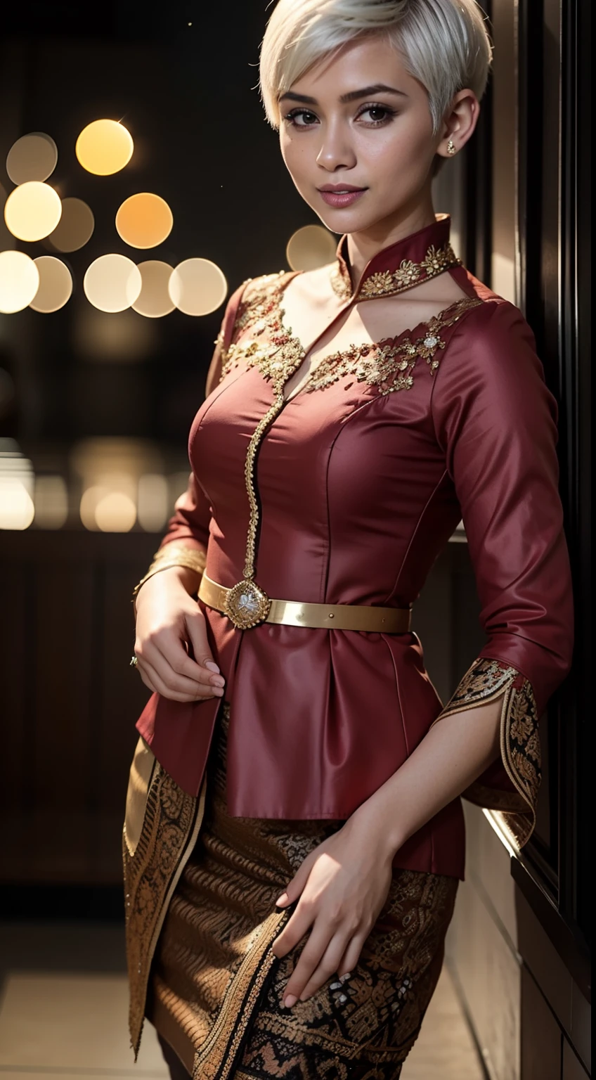Malay girl, very short white hair, pixie cut hair, wear light plain red women's long-sleeved dress opened at the front, secured with buttons, pins, or brooches, (baju kebaya:1.3) laughing and posing with hand on hip, wear handbag, from back view, windy, detail skin, age spot, detail skin texture, mole below eyes, small breast, flat chest, wide hips, small waists, thick thighs, slim abs, beautiful body, nighttime, laughing, happy, bright lighting, crowded dinner hall, blur background, bokeh,