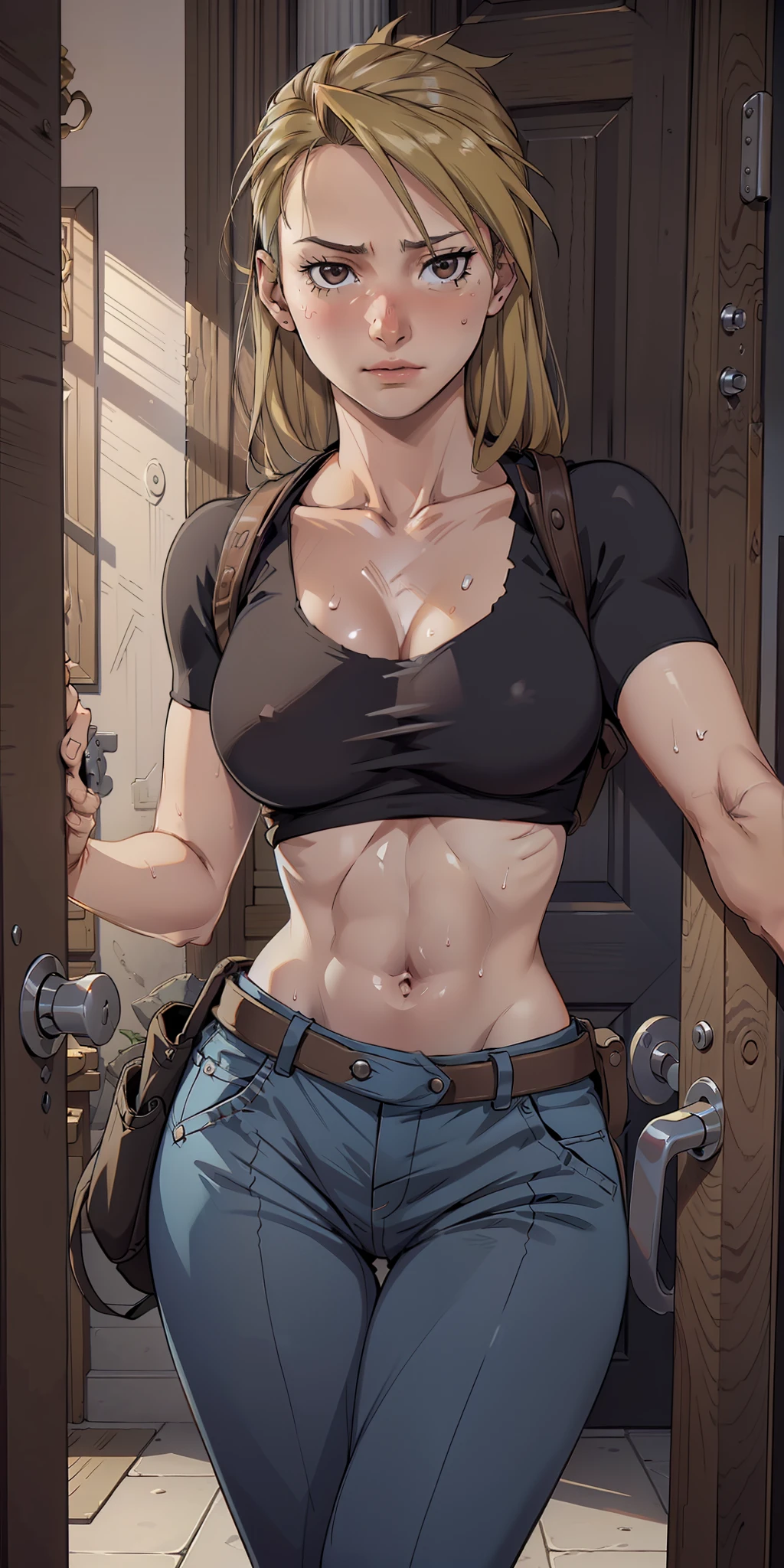 Hyper realistic super detailed sexy Riza Hawkeye , Very detailed, expressions faciales sexy, seductive facial expressions, [:(Face detail: 1.4): 0.4], 16K resolution, 4k resolution, dinamic lighting, High definition resolution, (hyper realistic: 1.4),(contrasting background: 1.5), (Anatomy of the hyperrealistic arm), (Hyperrealistic anatomy of the legs), (peau propre), (lighting cinematic: 1.7), (intime), (Technologie NVIDIA RTX Ray Tracing), (Anatomy of the hyperrealistic arm: 2), (Ventre plat parfait), (image couleur),  Riza Hawkeye  ,breasts, cleavage, blush, medium breasts, open door, pov doorway, opening door, door, doorway, bangs, looking at viewer, collarbone, phone, solo focus, indoors, sweat, pov, no bra, cellphone, Riza Hawkeye , long hair, brown eyes, medium breasts, black shirt, tight shirt, holster, short sleeves, belt, covered navel, blue pants.