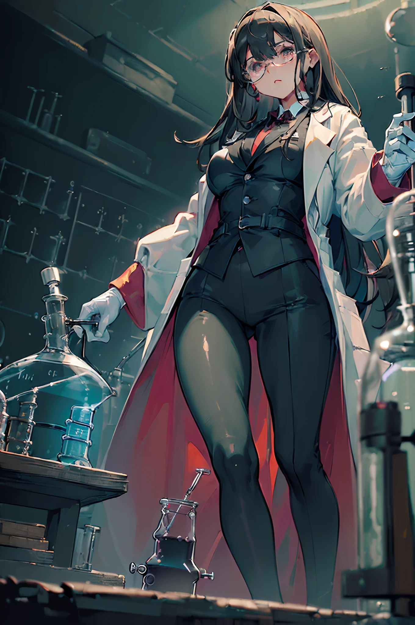 high res, (((masterpiece:1.6))), (best quality:1.4), best illustration, best shadow, depth of field, detailed eyes, sharp pupils, best dark, beautiful, detailed face, 1girl, (Scientist:1.9), atheist, droopy long black hair, dark hair, dress pants, 8k, high definition, black gloves, crimson eyes, large lab coat, (black lab coat:1.3), Petite stature, short height, (chemist), (dark and large chemistry lab:1.5), chemistry vats in background