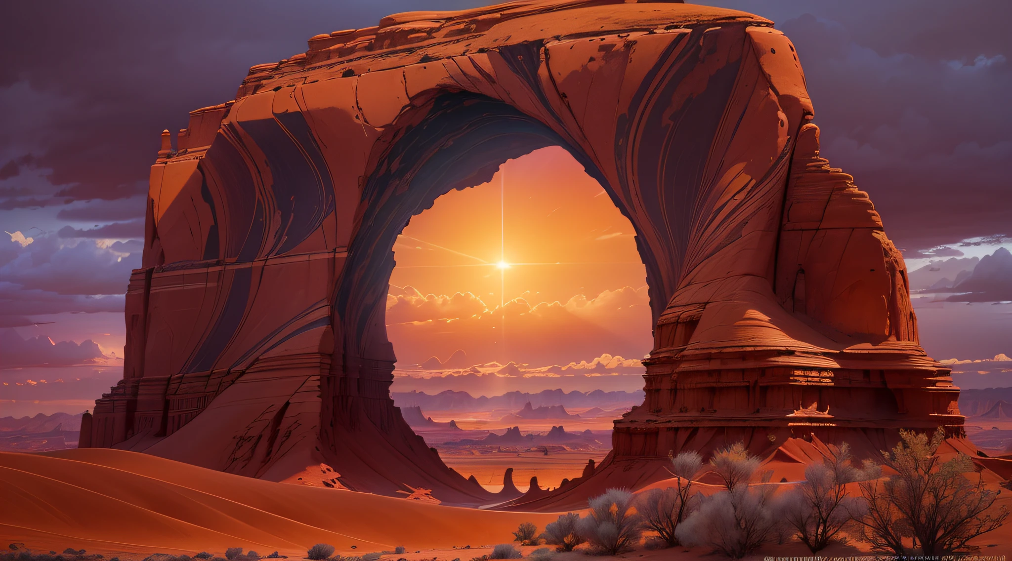 (Best quality,4K,8K,A high resolution,Masterpiece:1.2),Ultra-detailed,(Realistic,Photorealistic,photo-realistic:1.37),monument valley,Sunset,Scenic spots,Red rock formations,Dramatic shadows,Ancient sandstone,Mesa Bhikkhu,Silhouette of a towering cliff,Winding canyon,Picturesque desert landscape,Vibrant colors,Shades of orange and red,A blue sky that gradually darkens,Fiery sun,A ray of light cuts through the clouds,Peaceful and majestic,Awesome beauty,Native American inspiration,psychic energy,sacred place,Harmony with nature,Quiet solitude,Endless open space,Explore and stroll,Get lost in the vastness of the desert,Remote and untouched,Hidden treasure,Ethereal atmosphere,captivating and mesmerizing,An overwhelming sense of grandeur,Unchanging and eternal,Tranquility in a bustling world,Evoke a sense of mystery and wonder,Reflects the soul of the earth,Be drawn into the arms of eternity