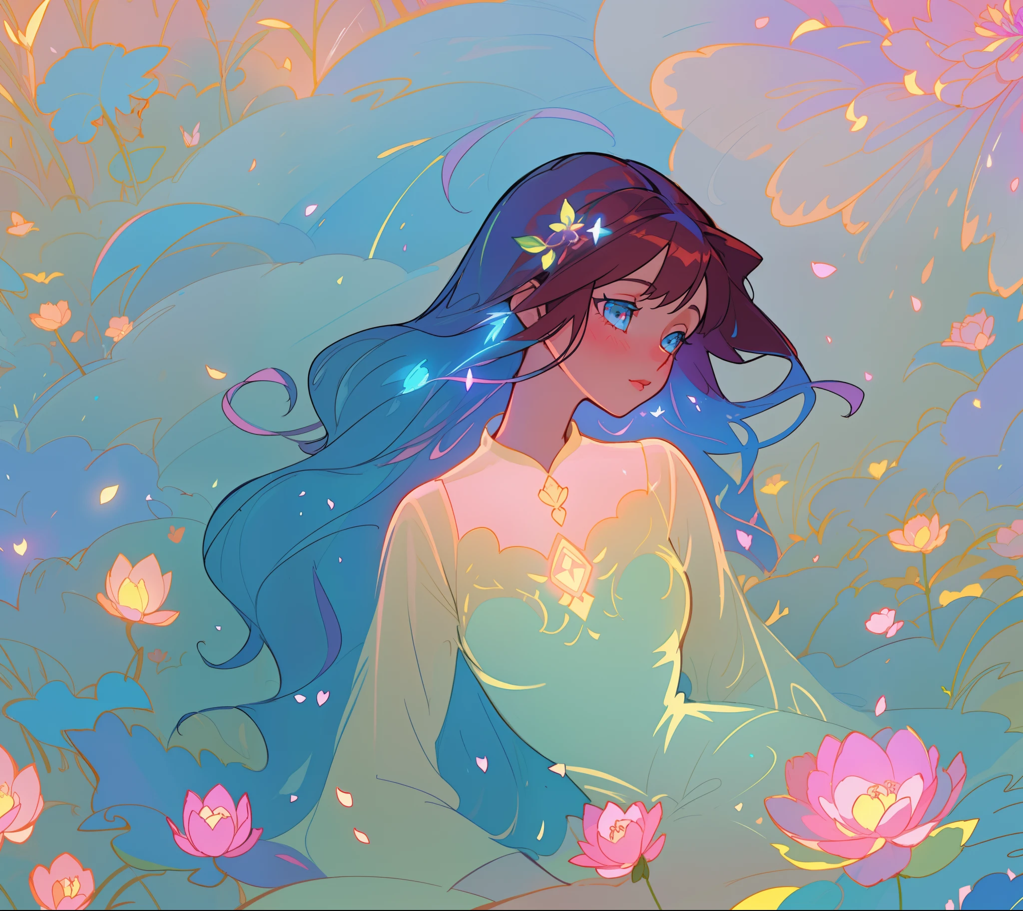 beautiful girl in flowing dress, long flowing dark hair, beautiful girl sitting in a field of flowers, meadow landscape, flower field background, flowers, vibrant pastel colors, (colorful), magical lights, sparkling lines of light, inspired by Glen Keane, inspired by Lois van Baarle, disney art style, by Lois van Baarle, glowing aura around her, by Glen Keane, jen bartel, glowing lights! digital painting, flowing glowing hair, glowing flowing hair, beautiful digital illustration, fantasia background, whimsical, magical, fantasy, beautiful face, ((masterpiece, best quality)), intricate details, highly detailed, sharp focus, 8k resolution, sparkling detailed eyes, liquid watercolor