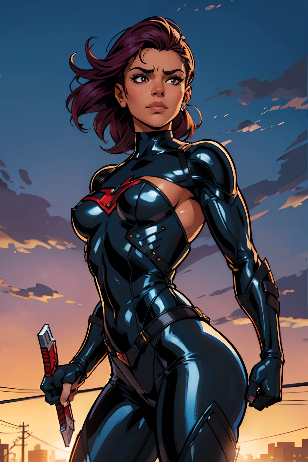 Kitty, uma vigilante (anti-heroin)munida de colete kevlar escuro, luvas negras, cabelos curtos vermelhos, cinto de utilidades, super-sensual anti-heroine from Detroit, Your small arms blades in your hands, art direction Adam Hughes