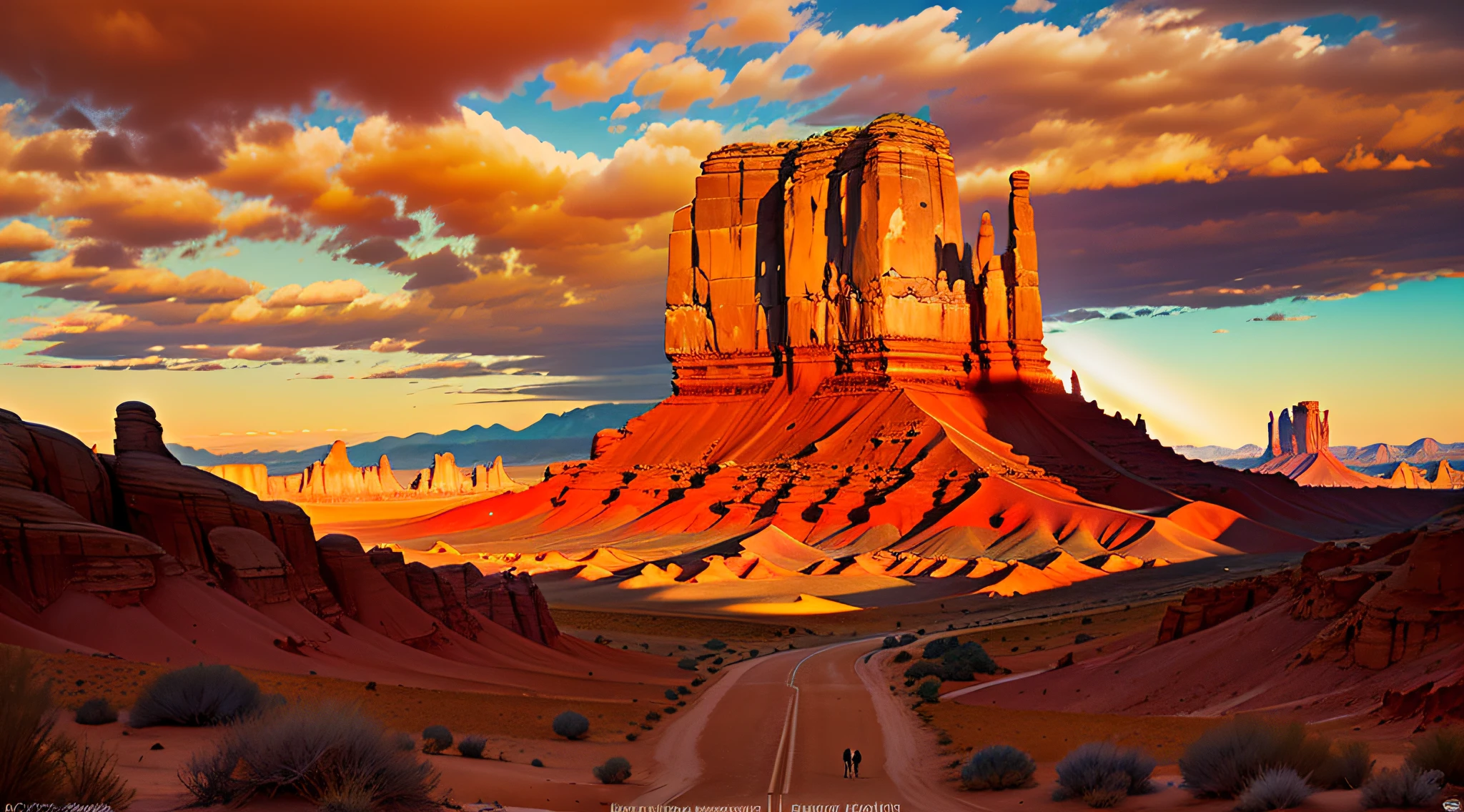 (Best quality,4K,8K,A high resolution,Masterpiece:1.2),Ultra-detailed,(Realistic,Photorealistic,photo-realistic:1.37),monument valley,Sunset,Scenic spots,Red rock formations,Dramatic shadows,Ancient sandstone,Mesa Bhikkhu,Silhouette of a towering cliff,Winding canyon,Picturesque desert landscape,Vibrant colors,Shades of orange and red,A blue sky that gradually darkens,Fiery sun,A ray of light cuts through the clouds,Peaceful and majestic,Awesome beauty,Native American inspiration,psychic energy,sacred place,Harmony with nature,Quiet solitude,Endless open space,Explore and stroll,Get lost in the vastness of the desert,Remote and untouched,Hidden treasure,Ethereal atmosphere,captivating and mesmerizing,An overwhelming sense of grandeur,Unchanging and eternal,Tranquility in a bustling world,Evoke a sense of mystery and wonder,Reflects the soul of the earth,Be drawn into the arms of eternity