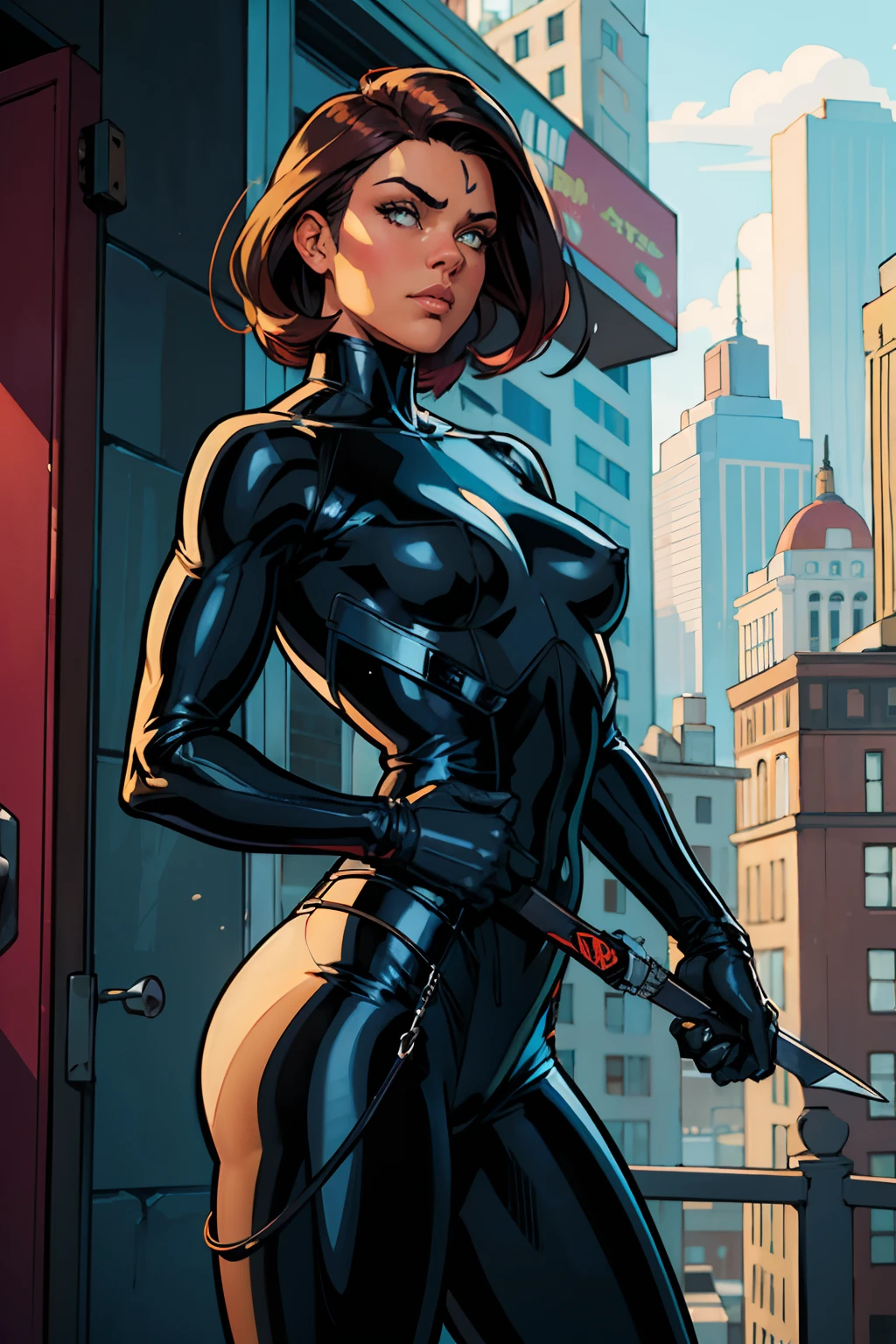 Kitty, uma vigilante (anti-heroin)munida de colete kevlar escuro, luvas negras, cabelos curtos vermelhos, cinto de utilidades, super-sensual anti-heroine from Detroit, Your small arms blades in your hands, art direction Adam Hughes