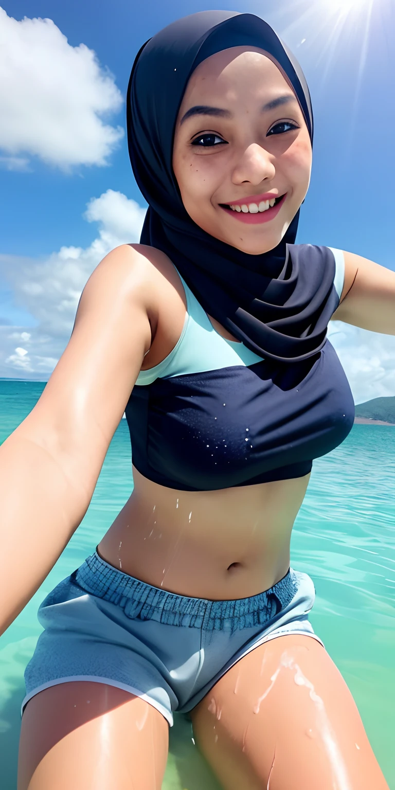 (best quality, masterpiece), 1 malay girl in hijab, happy pose, smile, laughing, ocean, crop top, shorts, freckles, blush, looking at viewer, cloud, splashing, waves, sun, mountain, wet