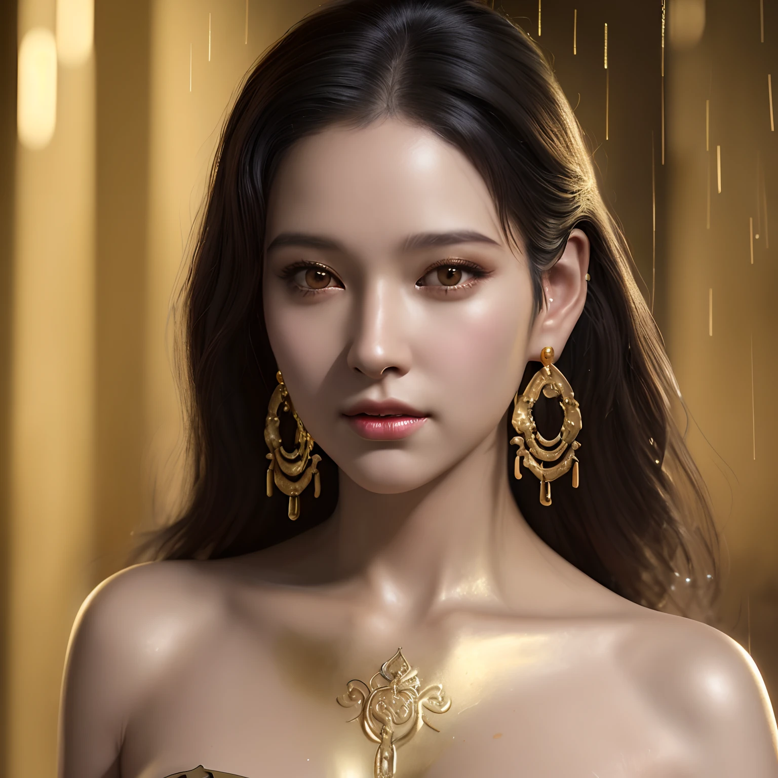 Gold tattoo with girl in the rain with golden earrings, In the style of vray tracing, Martin Ansin, yuumei, Poured, close up, Dark white and gold, speedpainting, masutepiece, Best Quality,