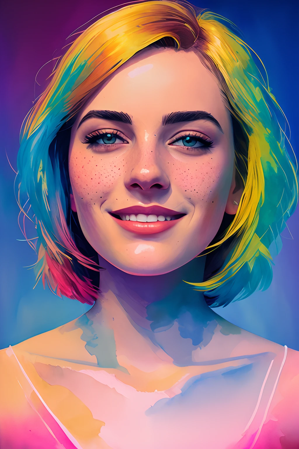 portrait of beautiful smiling woman with some freckles, snow-covered mountain landscape background by ilya kuvshinov and annie leibowitz. synthwave watercolor painting on canvas trending in artstation dramatic lighting abstract expressionism pastel shades tones (hd) golden ratio details aesthetic octane render excellent composition natural textures 8k oil paining masterpiece canon eos r4s 50