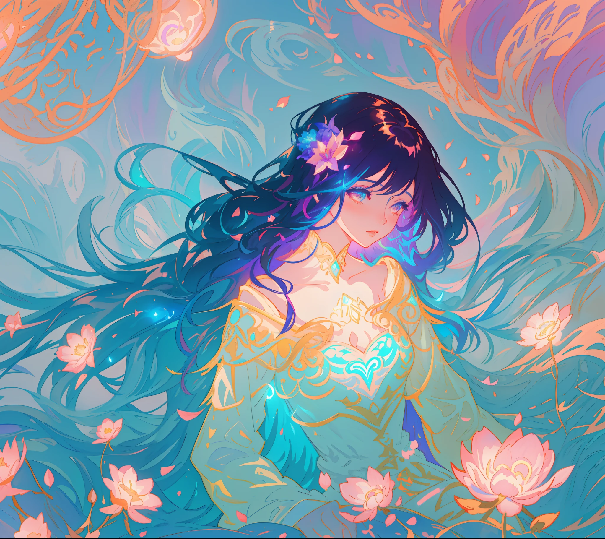 beautiful girl in flowing dress, long flowing dark hair, beautiful girl sitting in a field of flowers, meadow landscape, flower field background, flowers, vibrant pastel colors, (colorful), magical lights, sparkling lines of light, inspired by Glen Keane, inspired by Lois van Baarle, disney art style, by Lois van Baarle, glowing aura around her, by Glen Keane, jen bartel, glowing lights! digital painting, flowing glowing hair, glowing flowing hair, beautiful digital illustration, fantasia background, whimsical, magical, fantasy, beautiful face, ((masterpiece, best quality)), intricate details, highly detailed, sharp focus, 8k resolution, sparkling detailed eyes, liquid watercolor