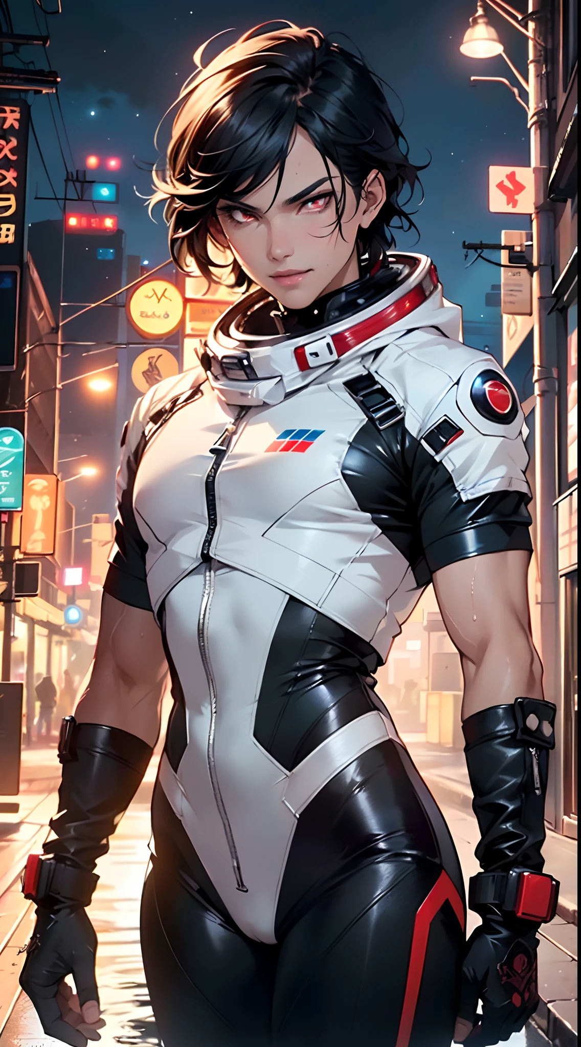 (man:1.5),1 man,space adventure man,(((1man))),
(((1male,man:1.5,handsome man,male,male gender:1.5,male focus))),macho man,
((large black hair,disheveled hair,red hair,black hair,two-tone hair,slicked hair)),(((lustrous skin:1.5,tanned skin,bright skin: 1.5,skin tanned,shiny skin,very shiny skin,shiny body,illuminated skin))),(((red_eyes:1.2))),intricate eyes,beautiful detailed eyes,symmetrical eyes,man chest,handsome face,((muscular,muscular man)),(((detailed face))),
alluring look,nsfw,
space suit pants,((bulge in pants)),((space suit outfit, red space suit,short sleeve spacesuit)),(wearing a space suit outfit:1.3,space suit clothes),((wet clothes,intricate outfit,intricate clothes)),
(dynamic pose:1.0),solo focus,((evil smile,evil look)),(centered,scale to fit dimensions,Rule of thirds),
cyberpunk city by the ocean at night, with bright neon signs and dark stormy clouds and puddles, scenery:1.25,
highres, sharp focus, (ultra detailed, extremely detailed), (photorealistic artwork:1.37),(extremely detailed CG unity 8k wallpaper),((synthwave background theme)),(((vibrant colors))),(intricate background),(masterpiece),(best quality),