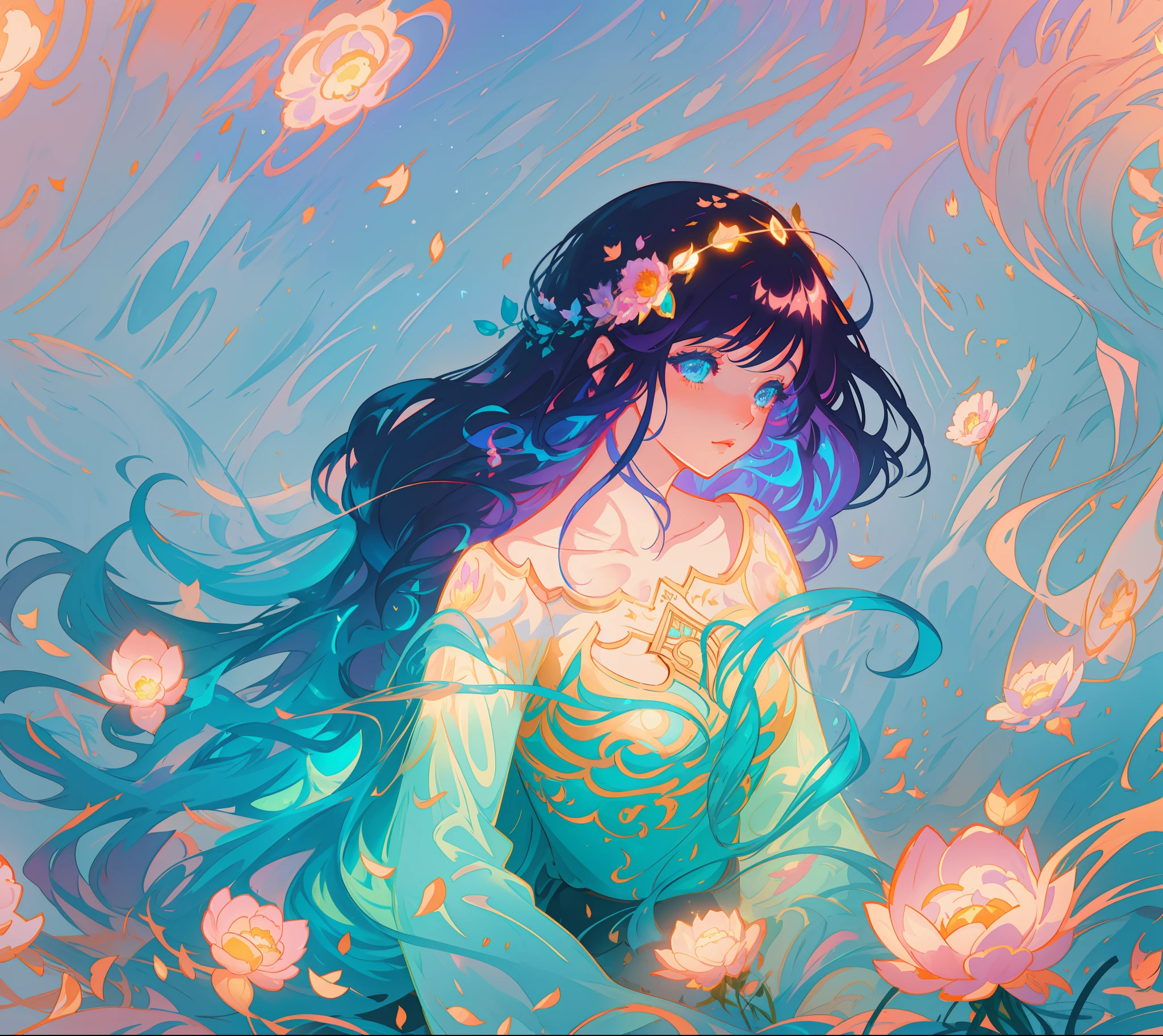 beautiful girl in flowing dress, long flowing dark hair, beautiful girl sitting in a field of flowers, meadow landscape, flower field background, flowers, vibrant pastel colors, (colorful), magical lights, sparkling lines of light, inspired by Glen Keane, inspired by Lois van Baarle, disney art style, by Lois van Baarle, glowing aura around her, by Glen Keane, jen bartel, glowing lights! digital painting, flowing glowing hair, glowing flowing hair, beautiful digital illustration, fantasia background, whimsical, magical, fantasy, beautiful face, ((masterpiece, best quality)), intricate details, highly detailed, sharp focus, 8k resolution, sparkling detailed eyes, liquid watercolor