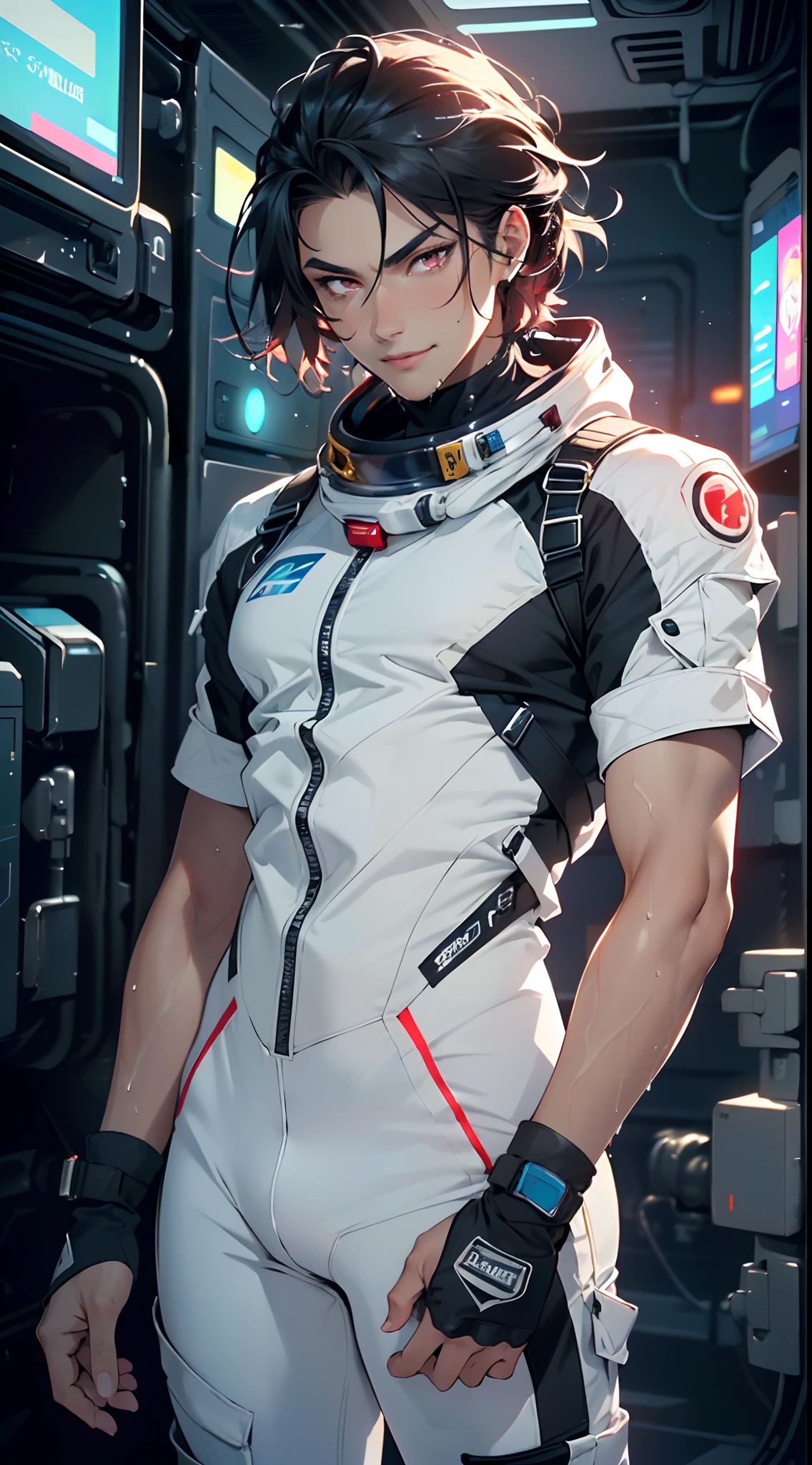 (man:1.5),1 man,space adventure man,(((1man))),
(((1male,man:1.5,handsome man,male,male gender:1.5,male focus))),macho man,
((large black hair,disheveled hair,red hair,black hair,two-tone hair,slicked hair)),(((lustrous skin:1.5,tanned skin,bright skin: 1.5,skin tanned,shiny skin,very shiny skin,shiny body,illuminated skin))),(((red_eyes:1.2))),intricate eyes,beautiful detailed eyes,symmetrical eyes,man chest,handsome face,((muscular,muscular man)),(((detailed face))),
alluring look,nsfw,
space suit pants,((bulge in pants)),((space suit outfit, red space suit,short sleeve spacesuit)),(wearing a space suit outfit:1.3,space suit clothes),((wet clothes,intricate outfit,intricate clothes)),
(dynamic pose:1.0),solo focus,((evil smile,evil look)),(centered,scale to fit dimensions,Rule of thirds),
cyberpunk city by the ocean at night, with bright neon signs and dark stormy clouds and puddles, scenery:1.25,
highres, sharp focus, (ultra detailed, extremely detailed), (photorealistic artwork:1.37),(extremely detailed CG unity 8k wallpaper),((synthwave background theme)),(((vibrant colors))),(intricate background),(masterpiece),(best quality),