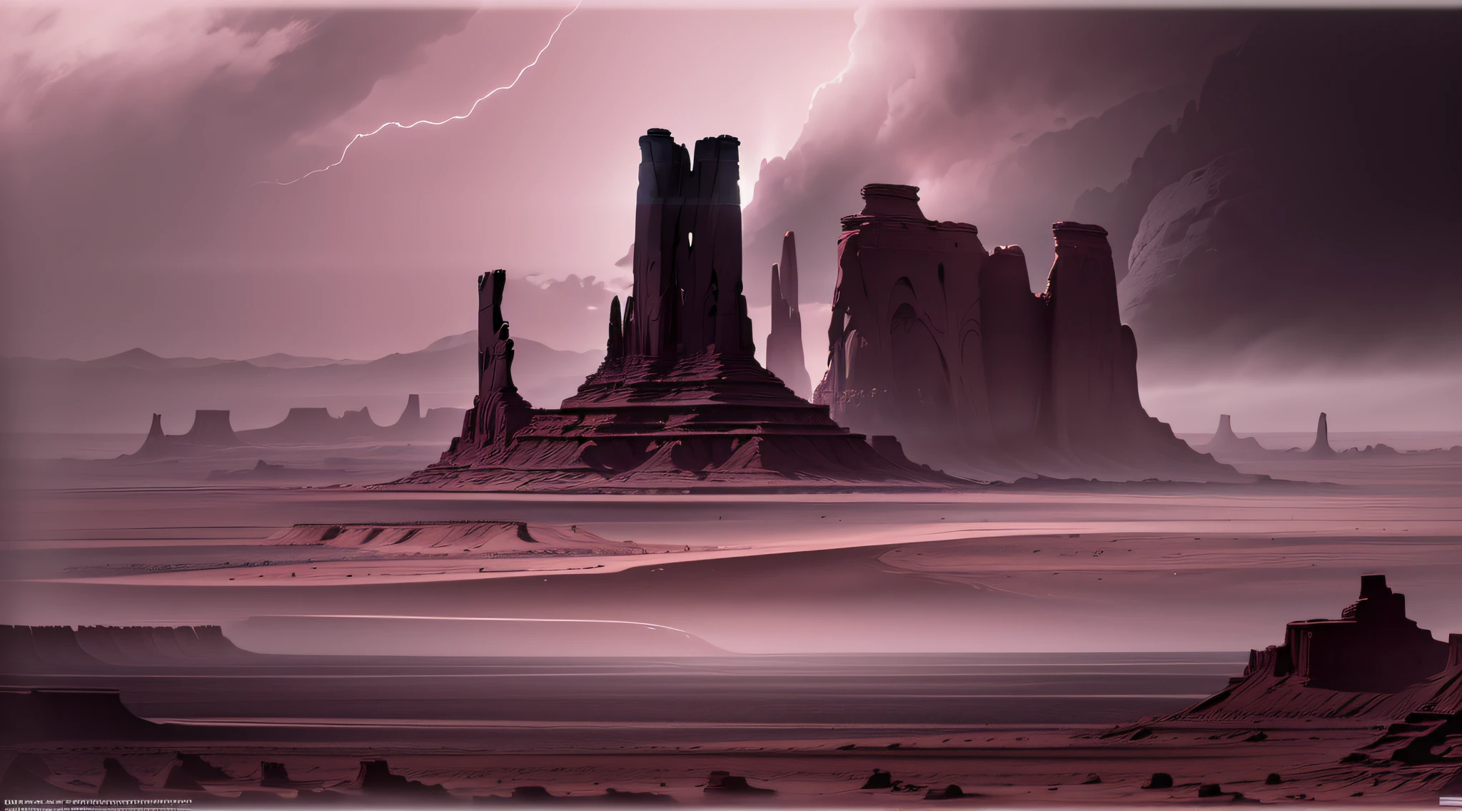 monument valley,The rays of the setting sun cut through the clouds,rock formations,Mesa Bhikkhu,Towering cliffs,Ethereal atmosphere,A desert,Endless open space,Pink lines,(In a monochrome artwork style that resonates with ominousness),Felicia Simin,Digital Art Technology Light black and magenta,Rolling wave black and orange - Q2 - S750 - V 5.