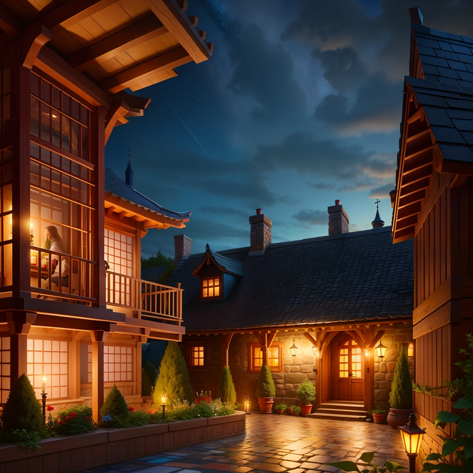 A large three-story stone inn, small garden outside, nighttime, by a ocean n a city, shrine nearby, european, medieval,