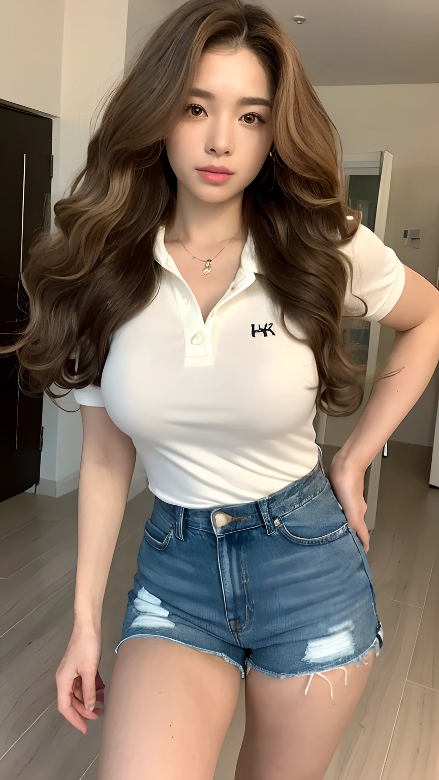 ((best qualtiy, 8K, tmasterpiece:1.3)), Focus:1.2, perfect figure beautiful woman:1.4, Cocked buttocks:1.2, ((Random Long Thick Diva Hairstyle) ((Brown Wavy Hair In Big Curls))(Long white legs:1.3,(Polo shirt With Jean Shorts:1.2) , (inside in room: 1.2), Highly detailed facial and skin texture, A detailed eye, 二重まぶた,Whiten skin,(Straight big breasts:1.3), looking at camera, Wear a necklace,