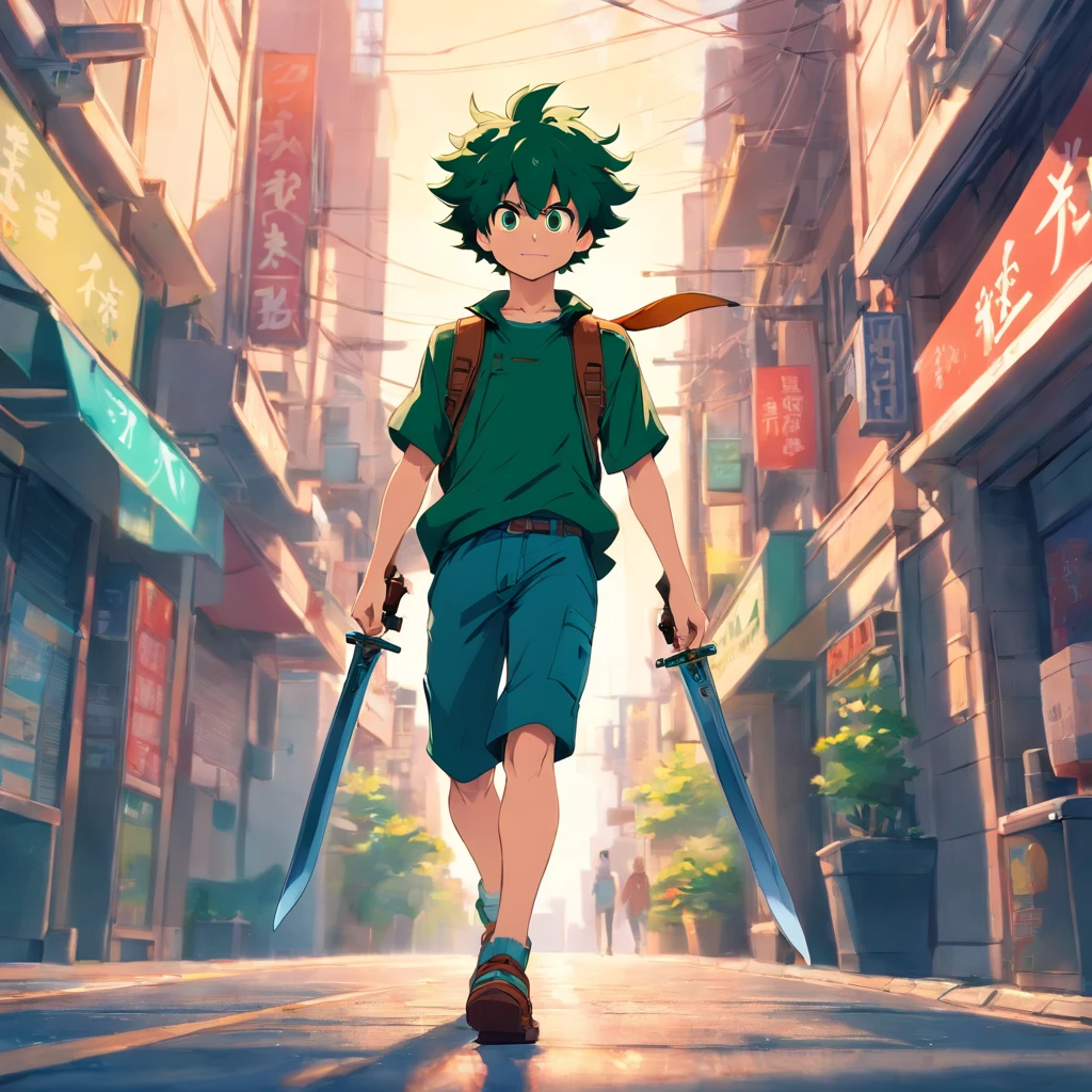 Combine Deku and Tanjiro into one powerful character walking around looking at a small, muscular camera with swords at his waist