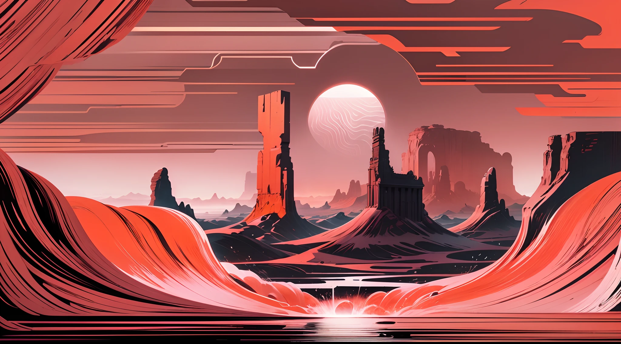 monument valley,The rays of the setting sun cut through the clouds,rock formations,Mesa Bhikkhu,Towering cliffs,Ethereal atmosphere,A desert,Endless open space,Pink lines,(In a monochrome artwork style that resonates with ominousness),Felicia Simin,Digital Art Technology Light black and magenta,Rolling wave black and orange - Q2 - S750 - V 5.