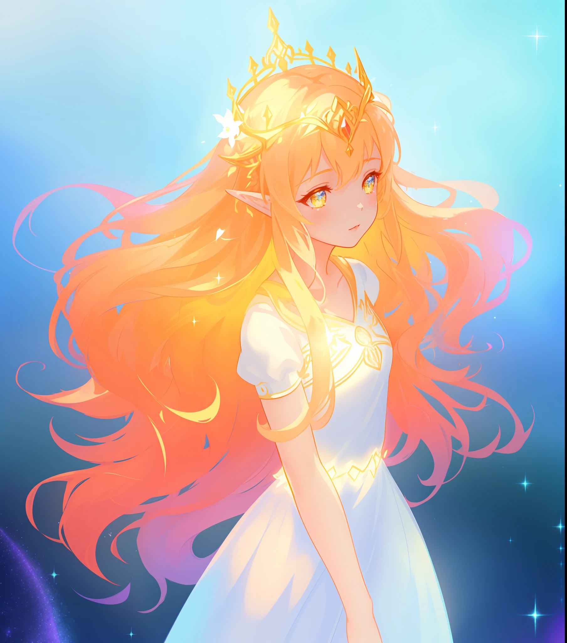beautiful girl in white elven dress, elven princess, elf ears, princess, white sparkling crown made of vines and flowers, vibrant pastel colors, (colorful), magical lights, red and gold long wavy hair, sparkling lines of light, inspired by Glen Keane, inspired by Lois van Baarle, disney art style, by Lois van Baarle, glowing aura around her, by Glen Keane, jen bartel, glowing lights! digital painting, flowing glowing hair, glowing flowing hair, beautiful digital illustration, fantasia background, whimsical, magical, fantasy, beautiful face, ((masterpiece, best quality)), intricate details, highly detailed, sharp focus, 8k resolution, sparkling detailed eyes, liquid watercolor