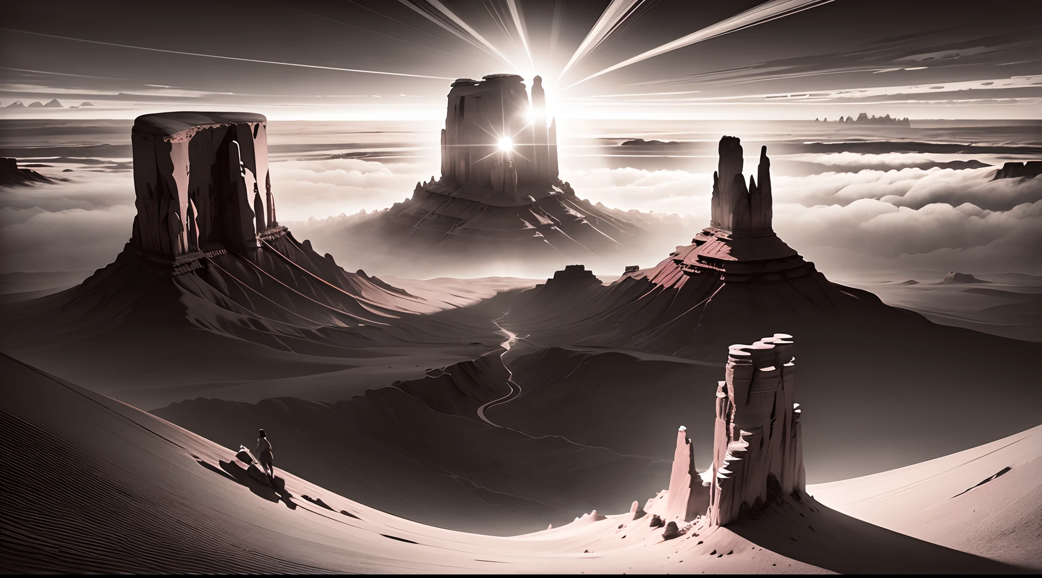monument valley,The rays of the setting sun cut through the clouds,rock formations,Mesa Bhikkhu,Towering cliffs,A desert,Endless open space,Pink lines,(In a monochrome artwork style that resonates with ominousness),Felicia Simin,Digital Art Technology Light black and magenta,Rolling wave black and orange - Q2 - S750 - V 5.
