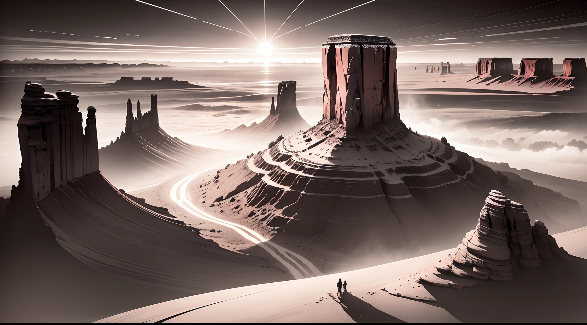 monument valley,The rays of the setting sun cut through the clouds,rock formations,Mesa Bhikkhu,Towering cliffs,A desert,Endless open space,Pink lines,(In a monochrome artwork style that resonates with ominousness),Felicia Simin,Digital Art Technology Light black and magenta,Rolling wave black and orange - Q2 - S750 - V 5.